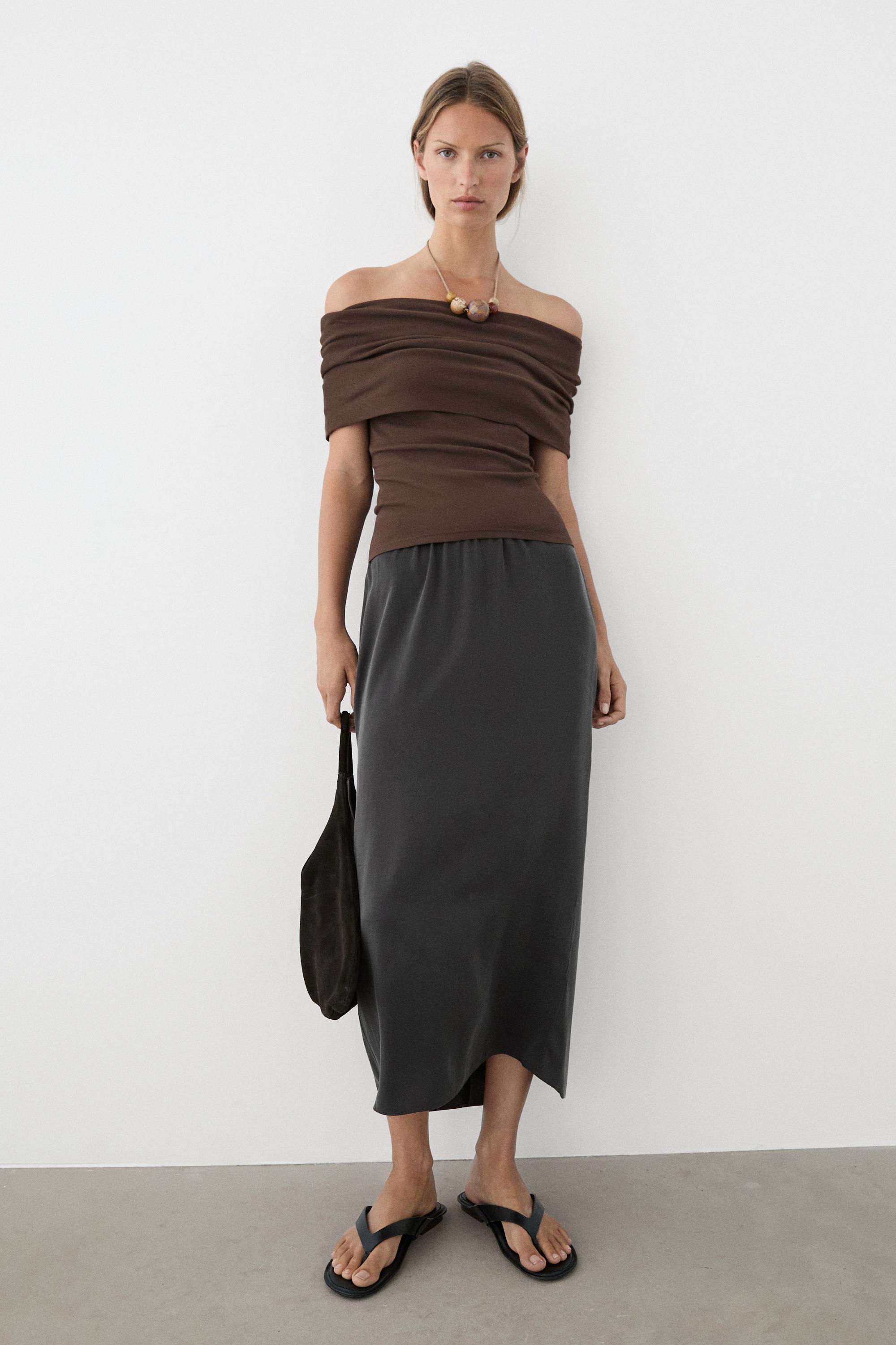 Cotton off-the-shoulder top — BROWN