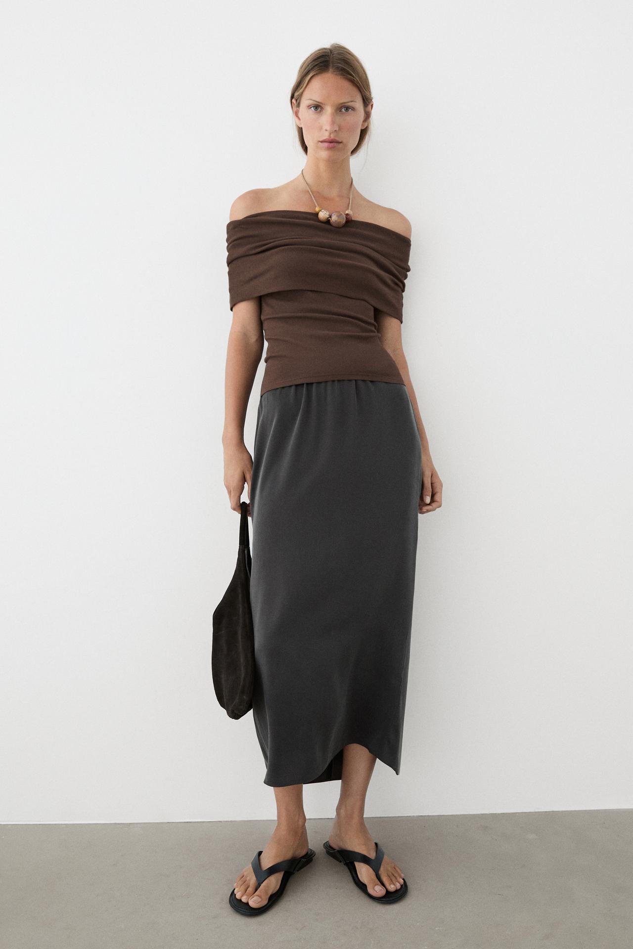 Cotton off-the-shoulder top — BROWN