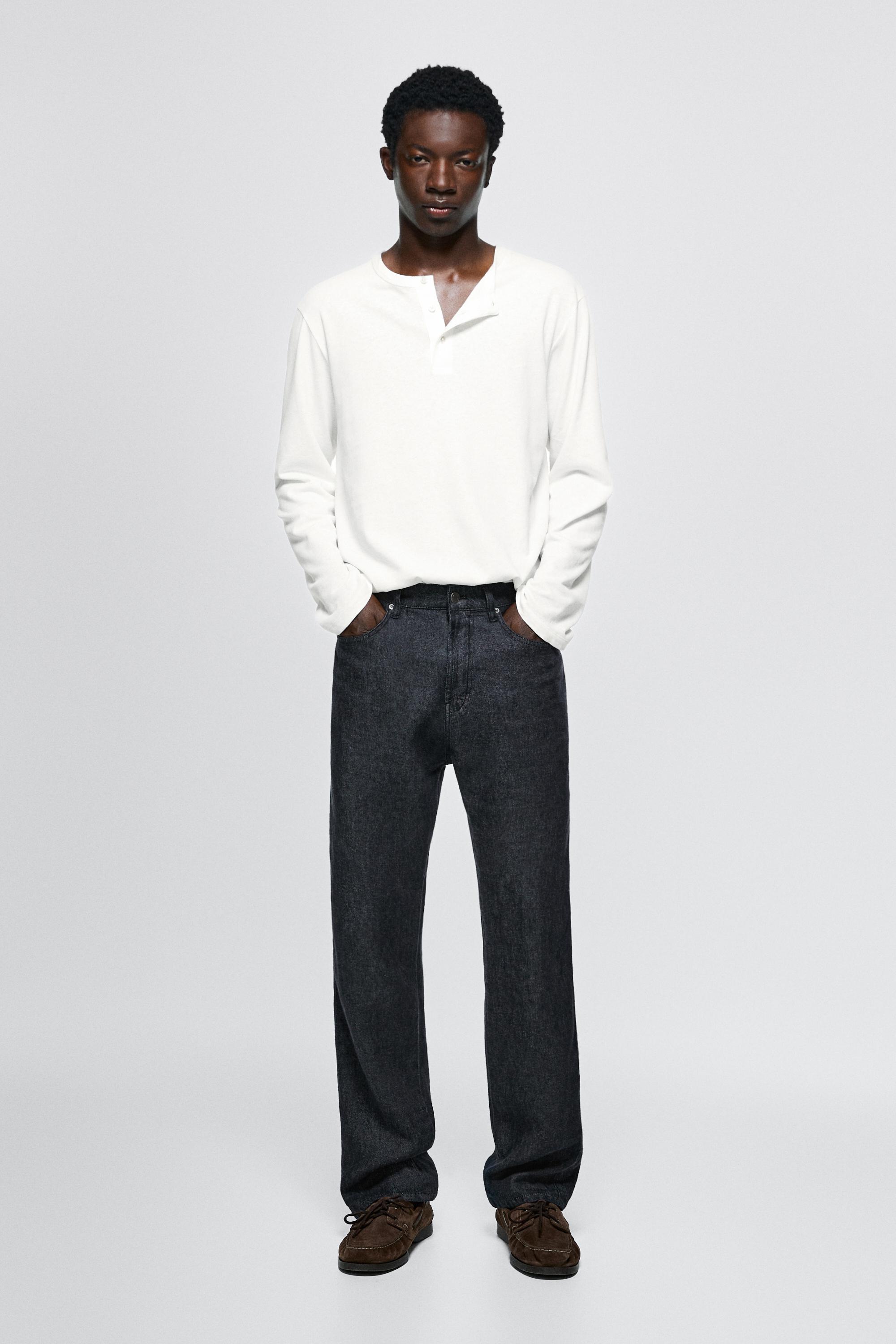 Straight-leg linen denim-effect pants — NAVY BLUE