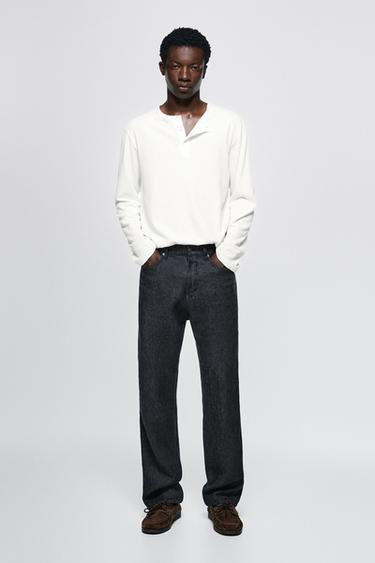 Straight-leg linen denim-effect pants — NAVY BLUE 1