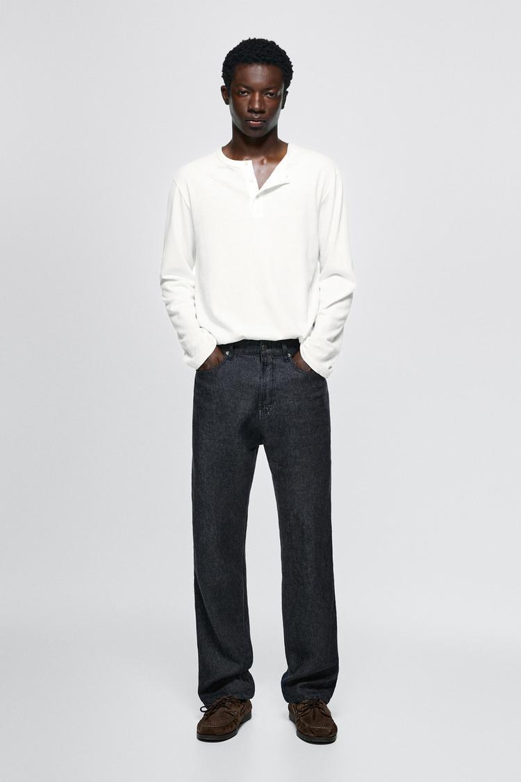 Straight-leg linen denim-effect pants — NAVY BLUE