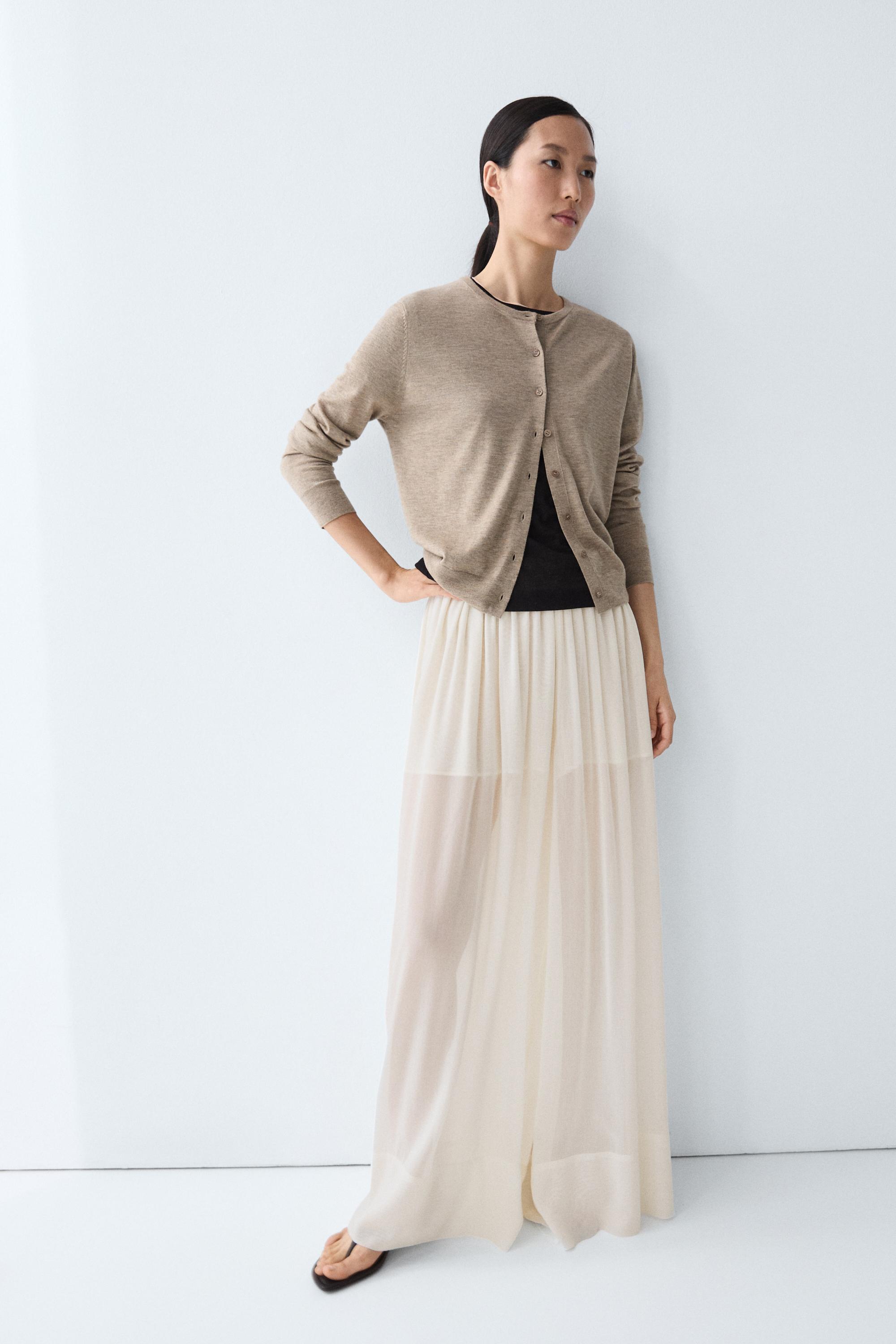 Fine-knit round neck cardigan — BEIGE MARL