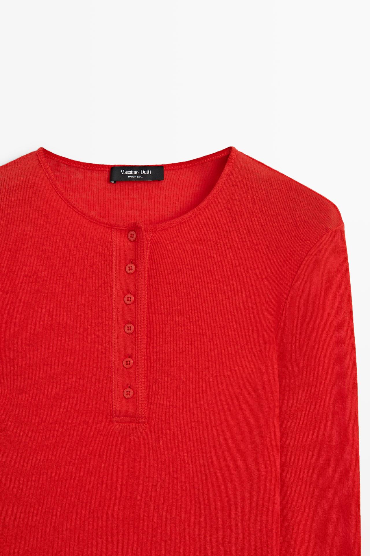 Long sleeve cotton blend henley — RED