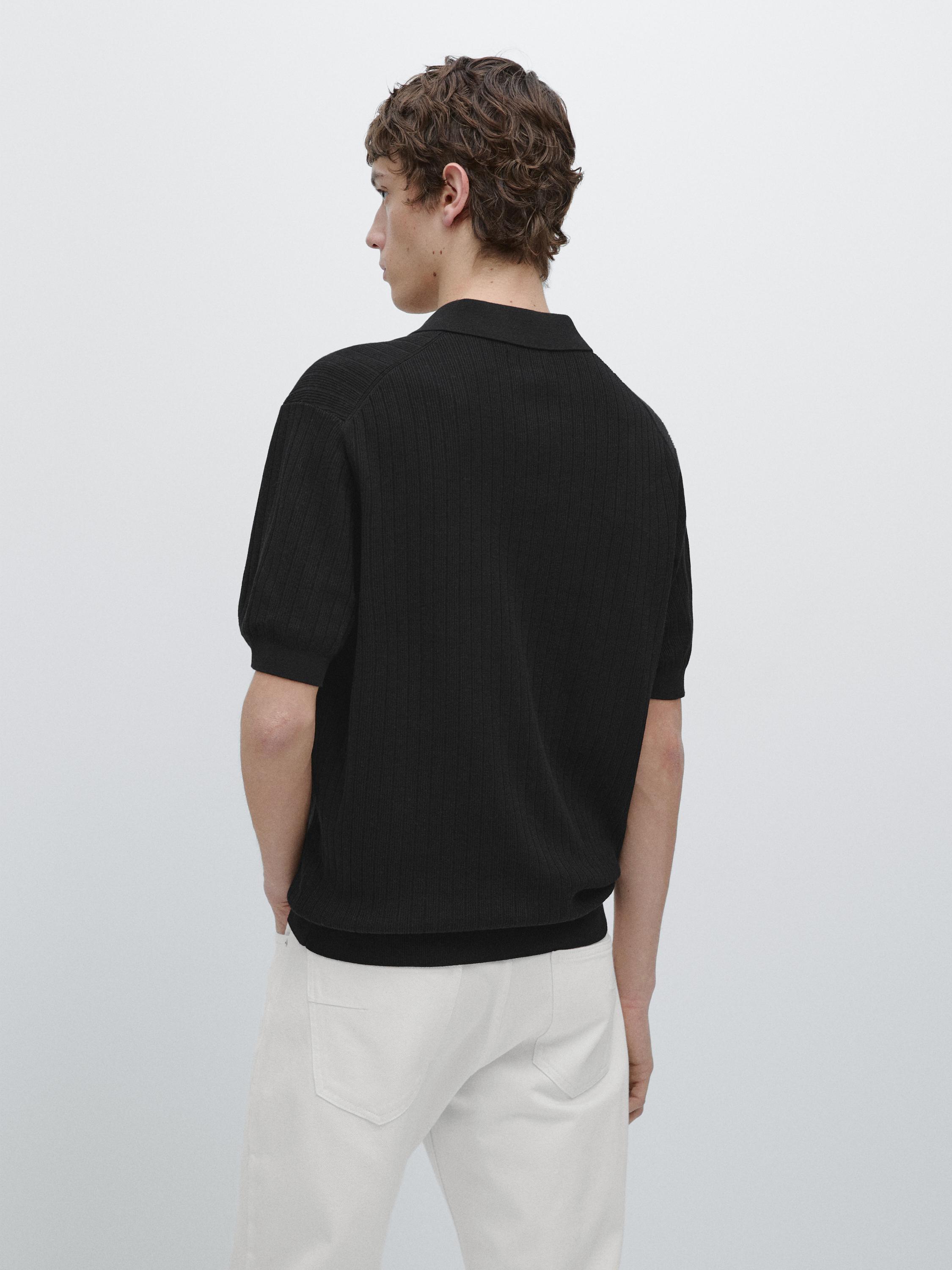 Ribbed knit cotton polo shirt — BLACK