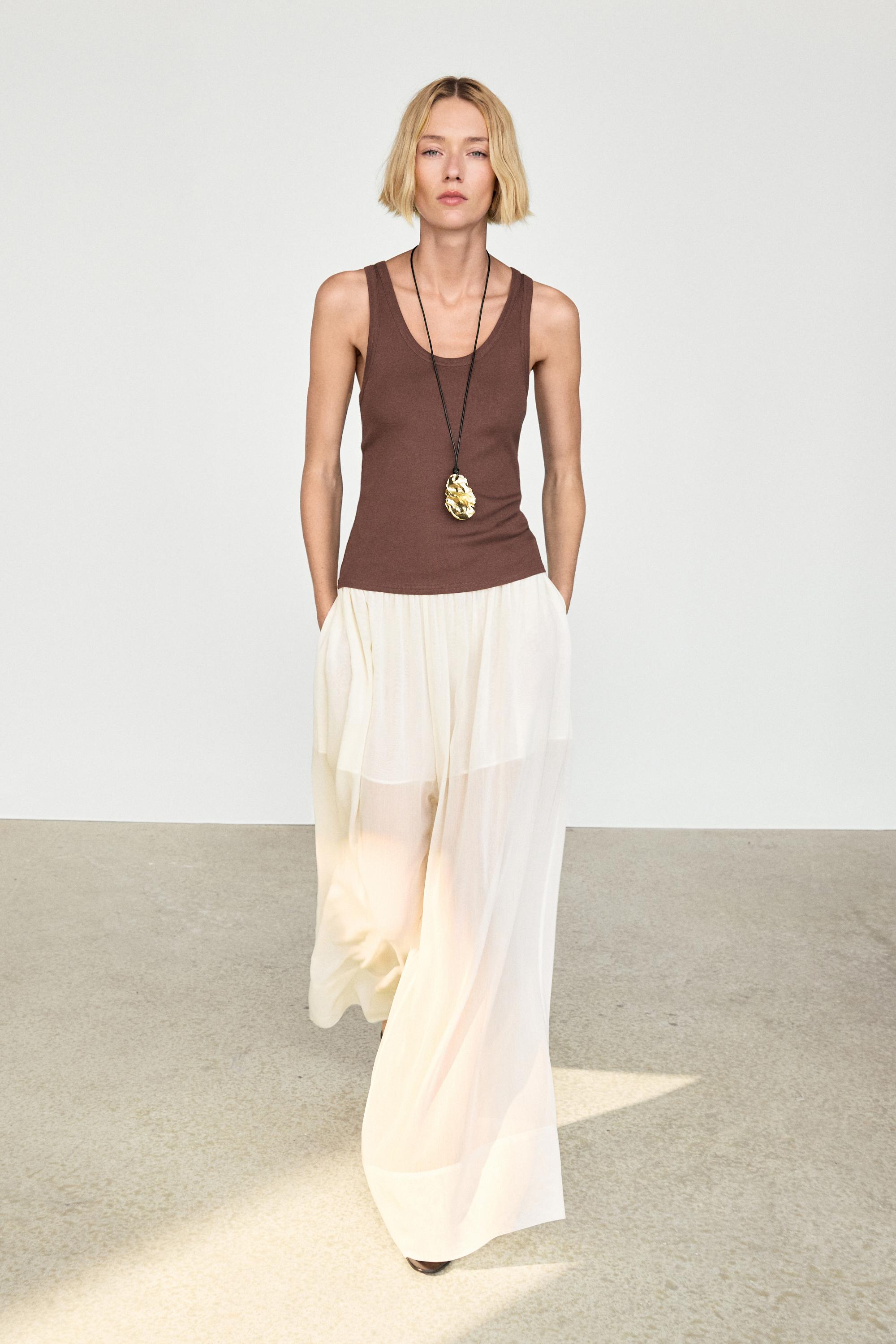 Semi-sheer flowing wide-leg pants — Off white