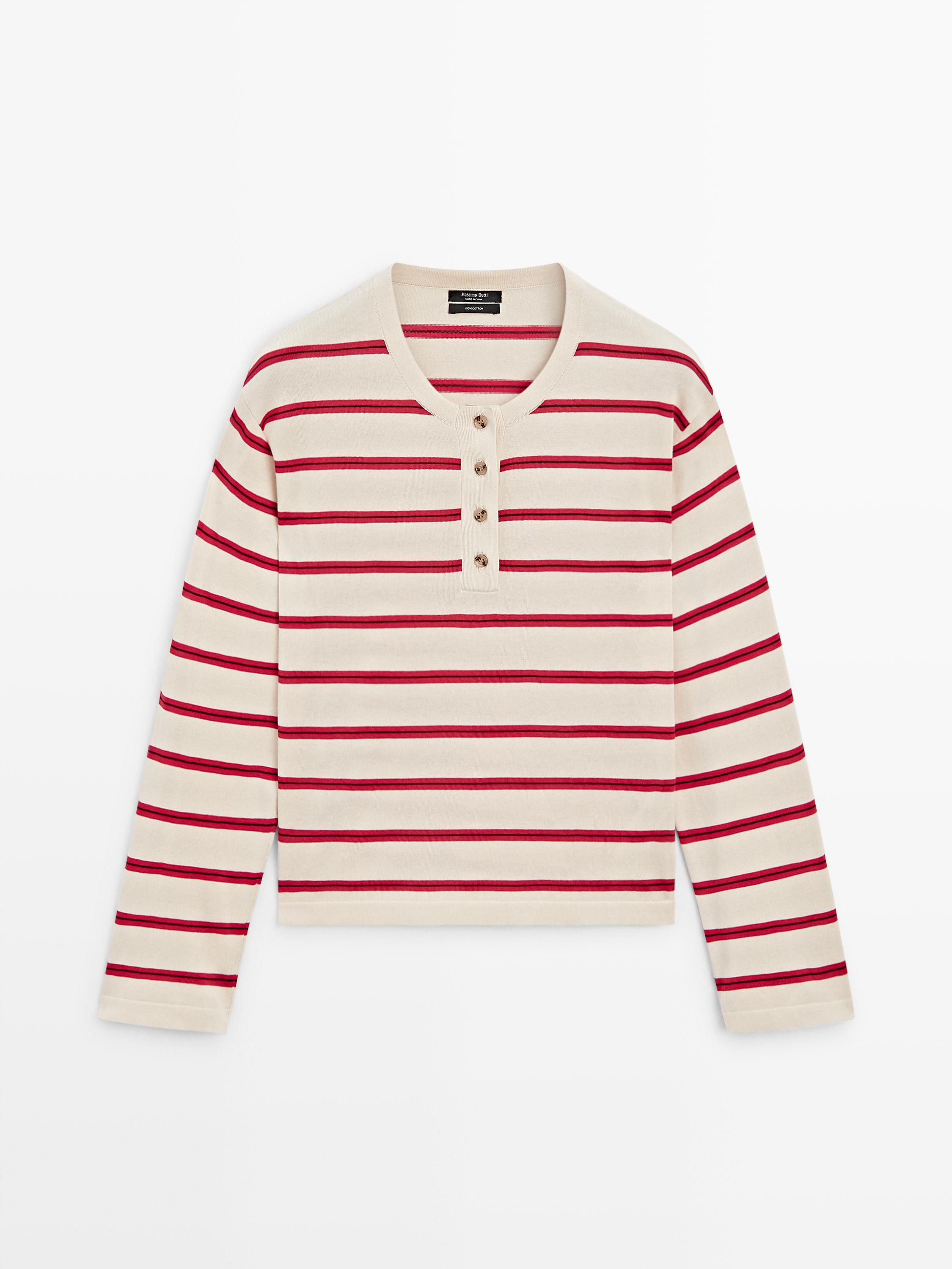 100% cotton striped knit henley sweater