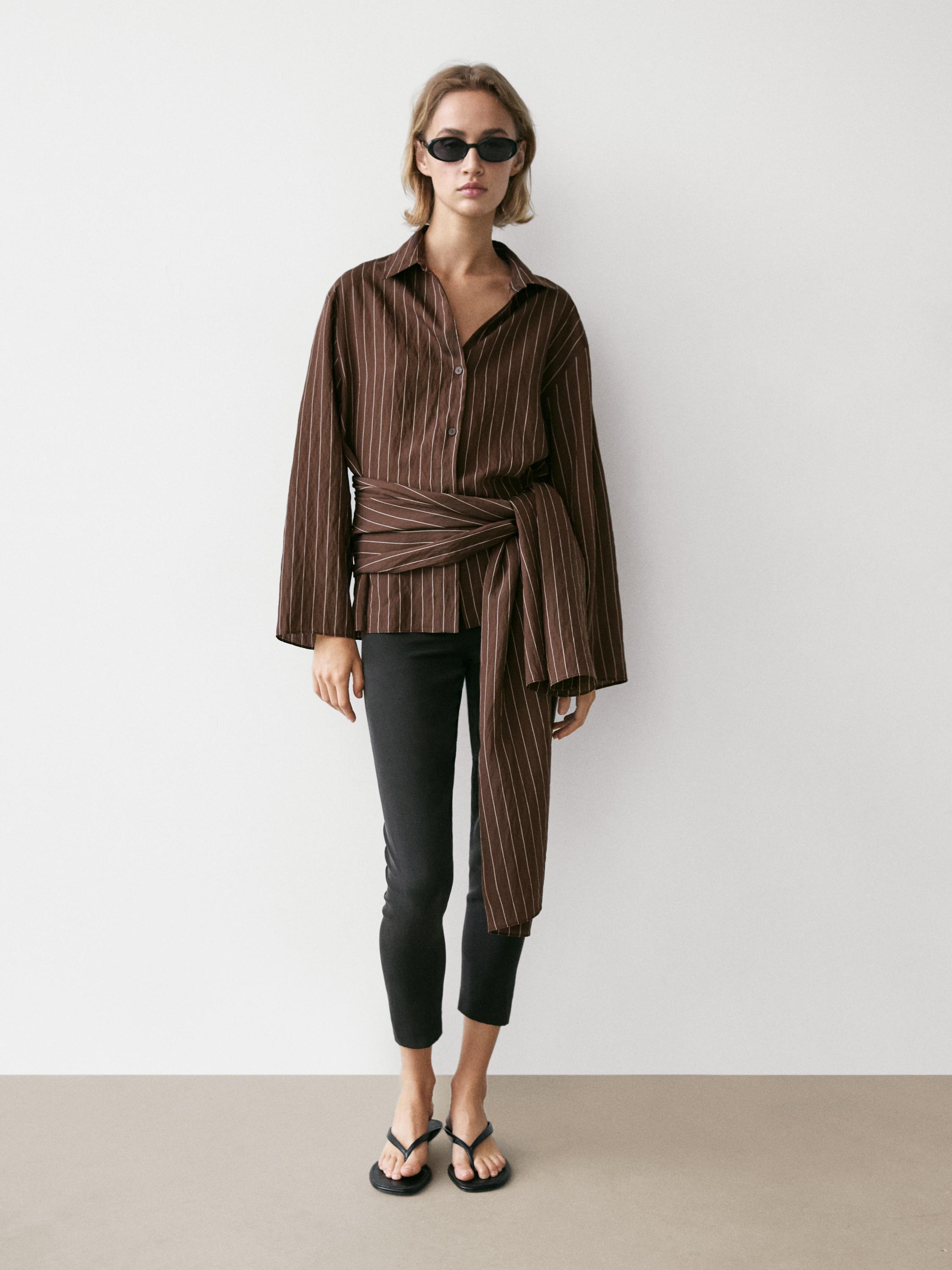 Striped shirt with scarf detail — BROWN