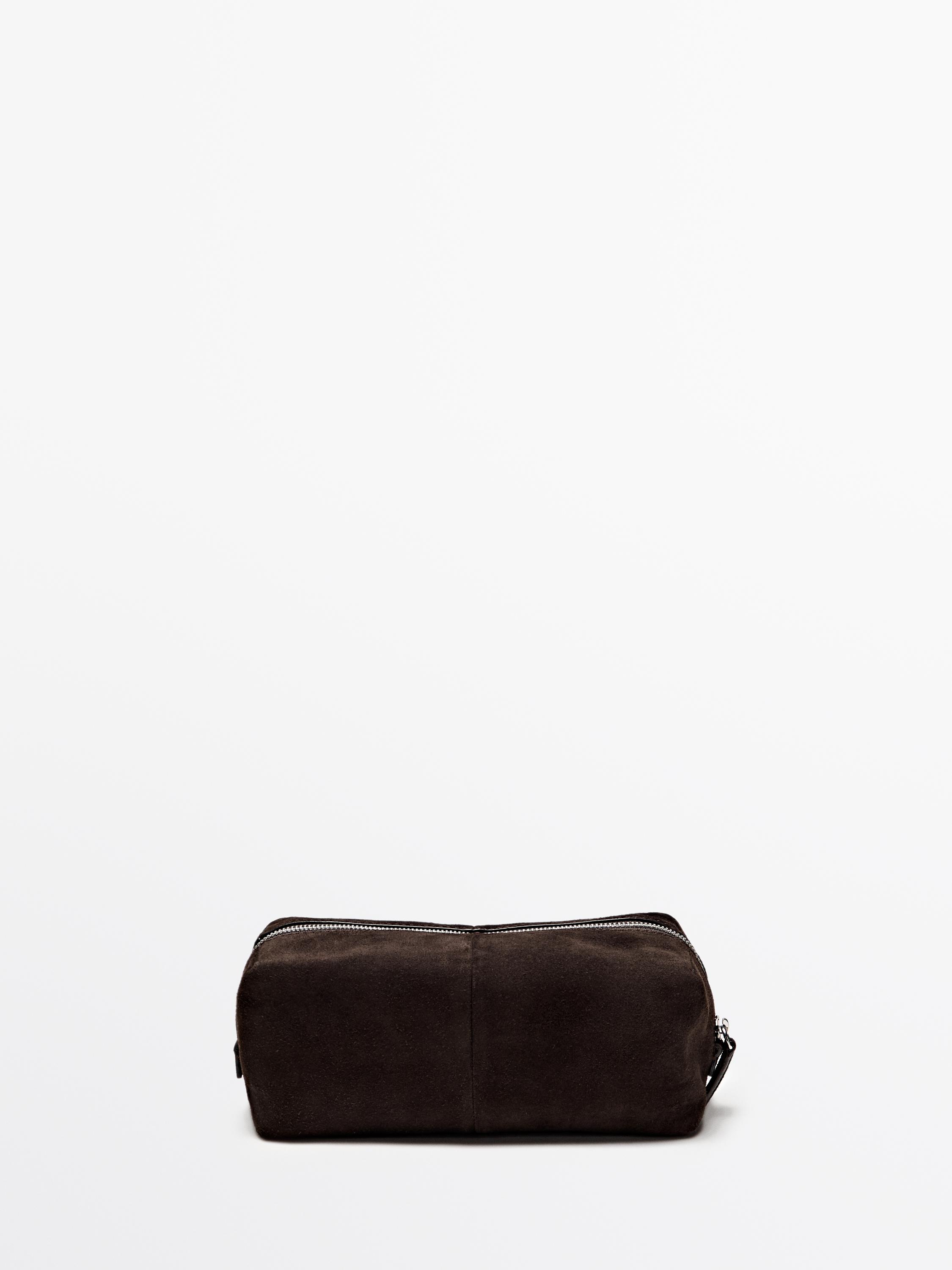 Suede leather toiletry bag with zip — BROWN