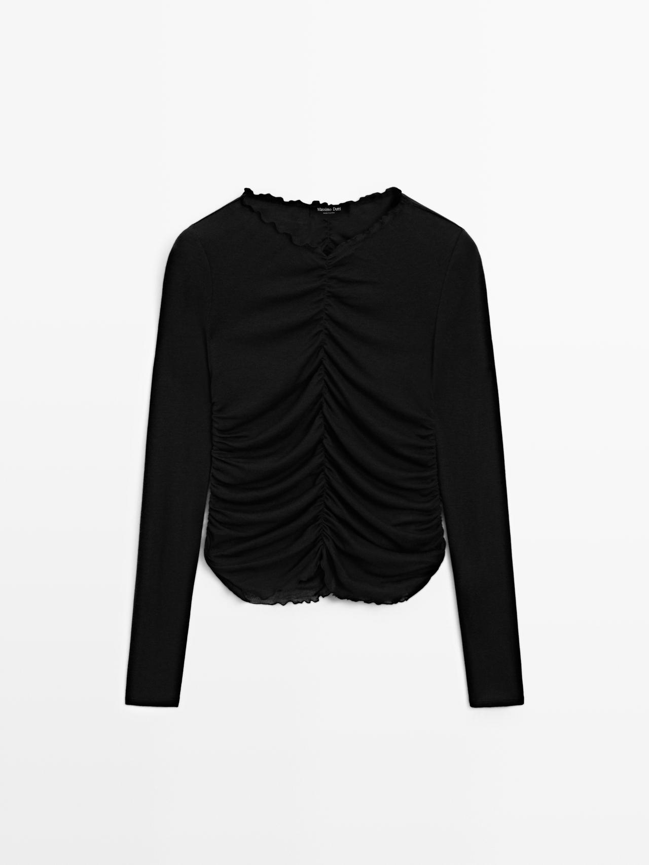 Massimo Dutti - Dame - Langærmet T-Shirt Med Rynket Effekt - Sort - Xl