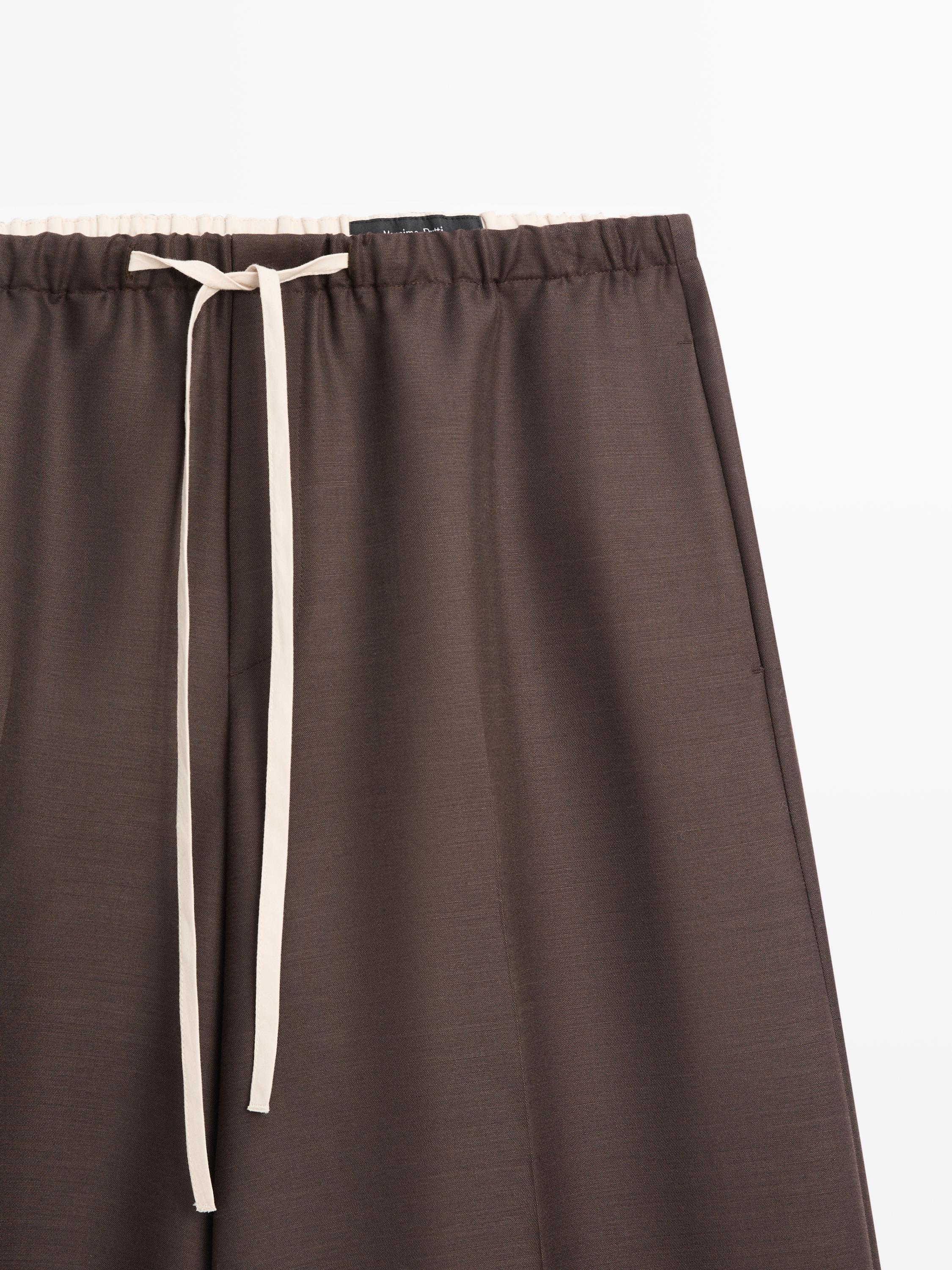 Wool blend contrast drawstring trousers — BROWN