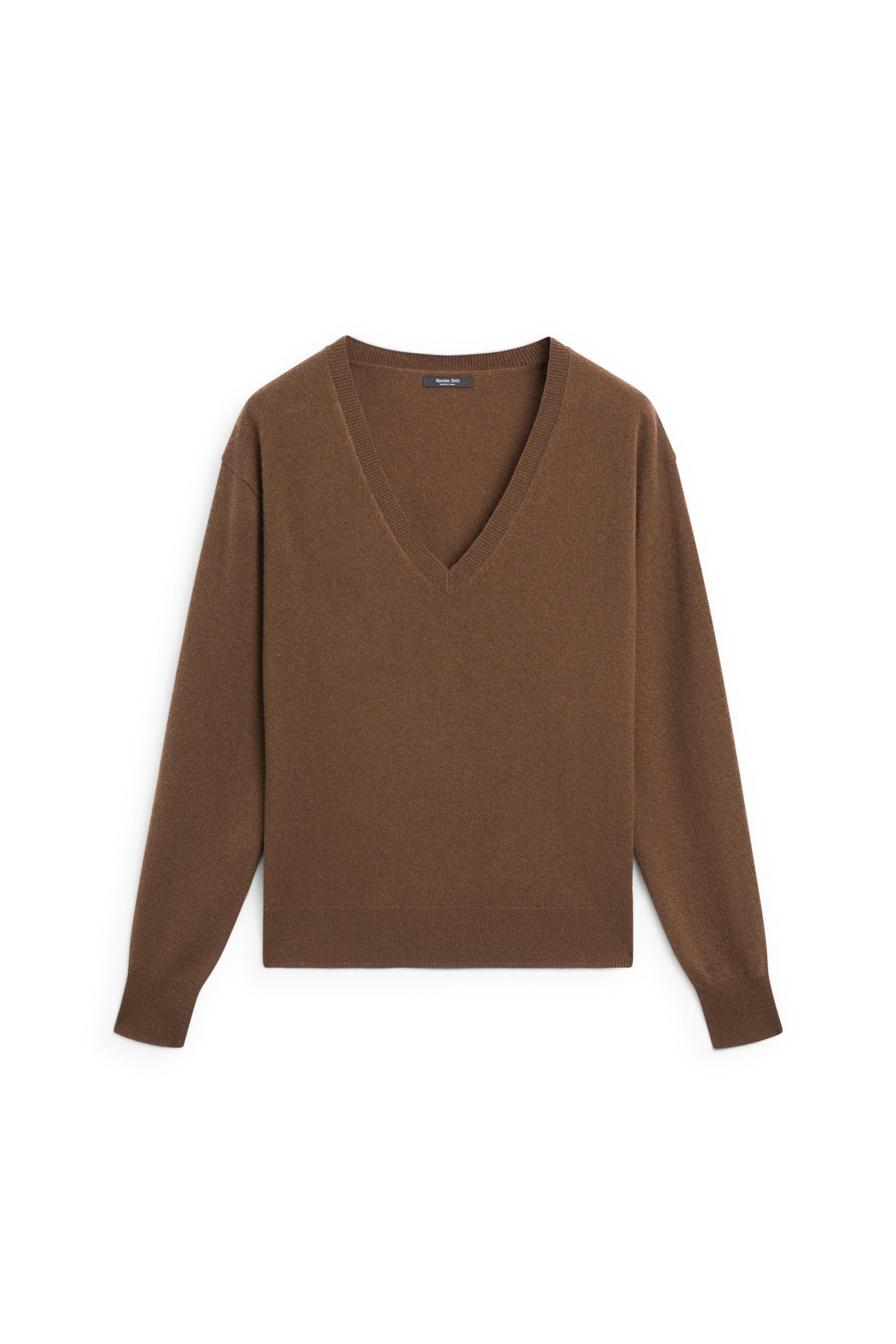 Wool blend V-neck knit sweater — TOFFEE