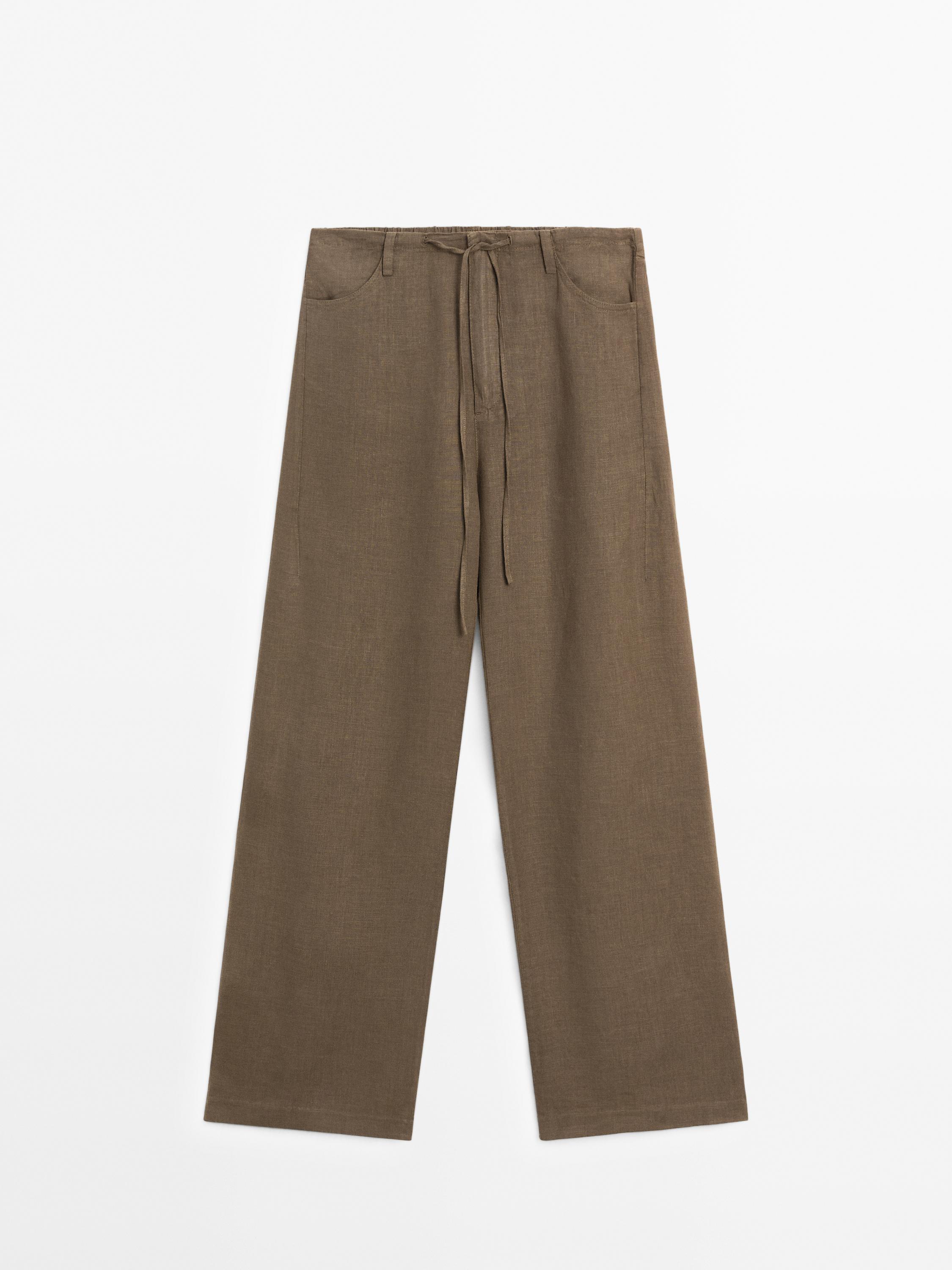 100% linen straight-leg trousers with pockets