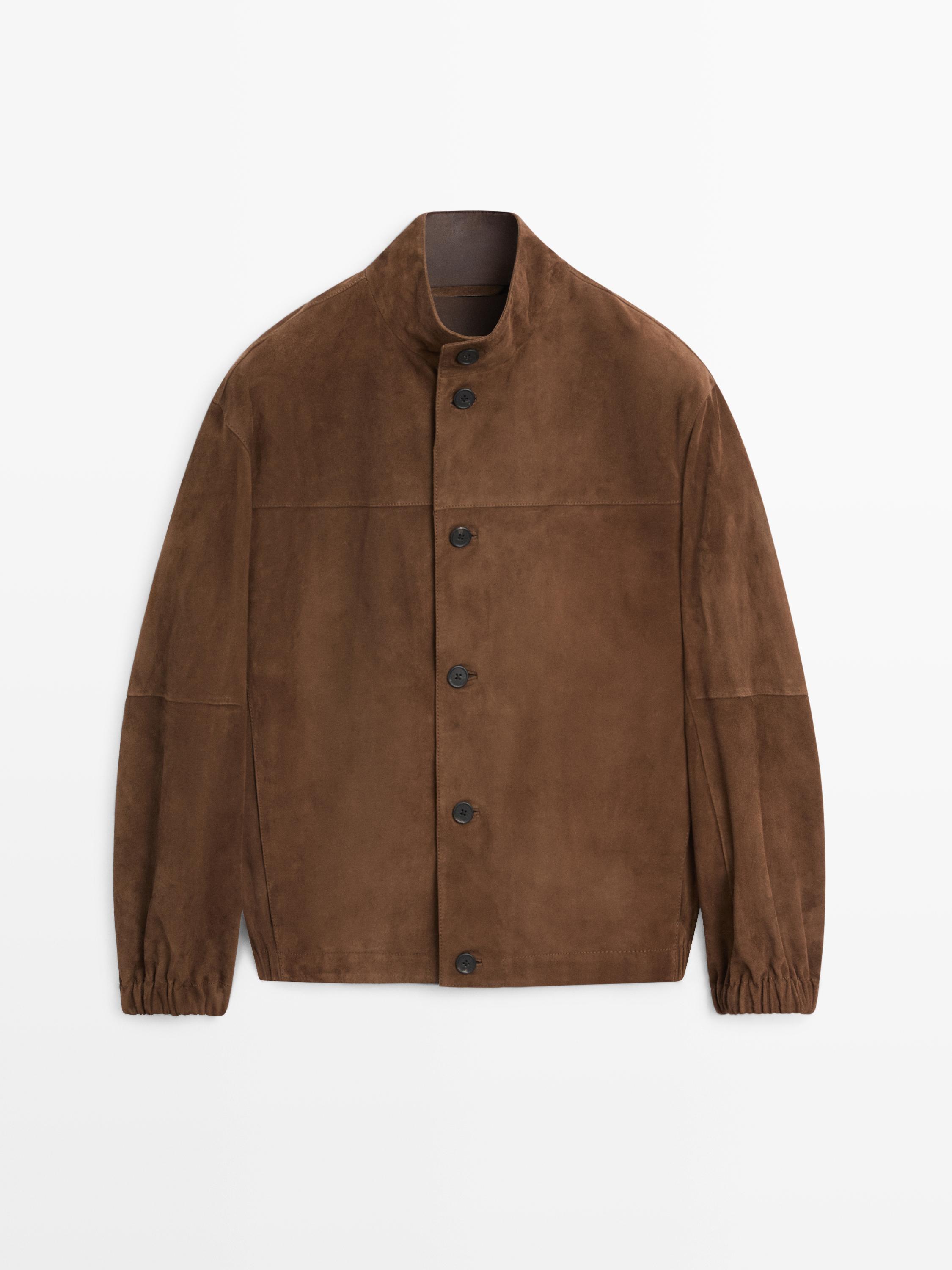 Front view of a tobacco bomber jacket with a high collar, button closure, and long sleeves with elastic cuffs.