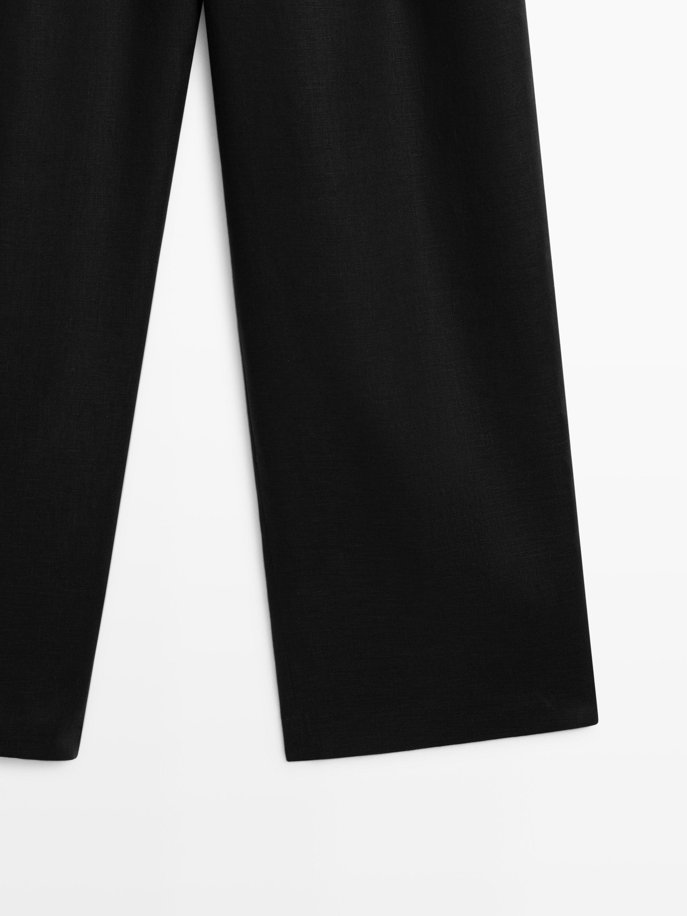 Wide-leg pleated linen trousers — BLACK