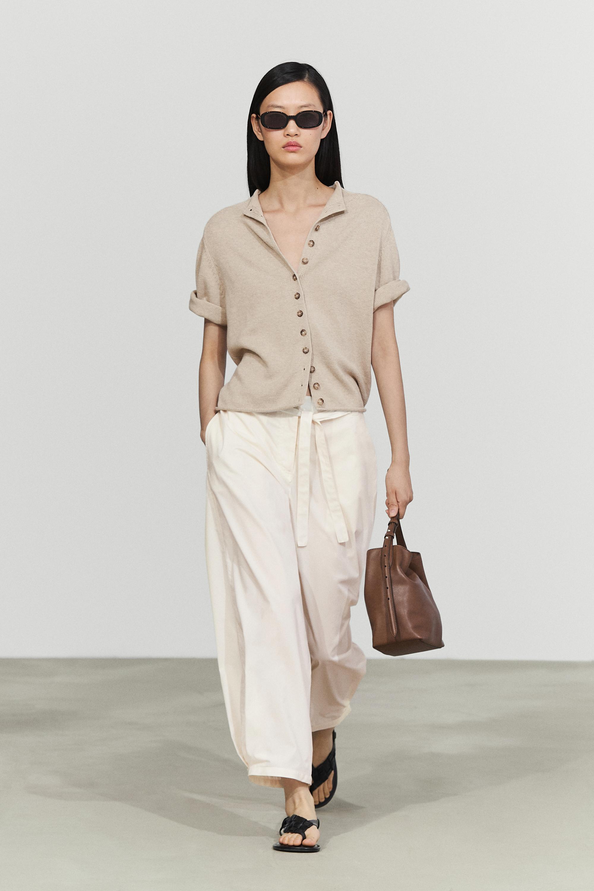 Cardigan In Maglia Misto Cotone Con Collo A Camino - Pietra - L - Massimo Dutti - Female-image