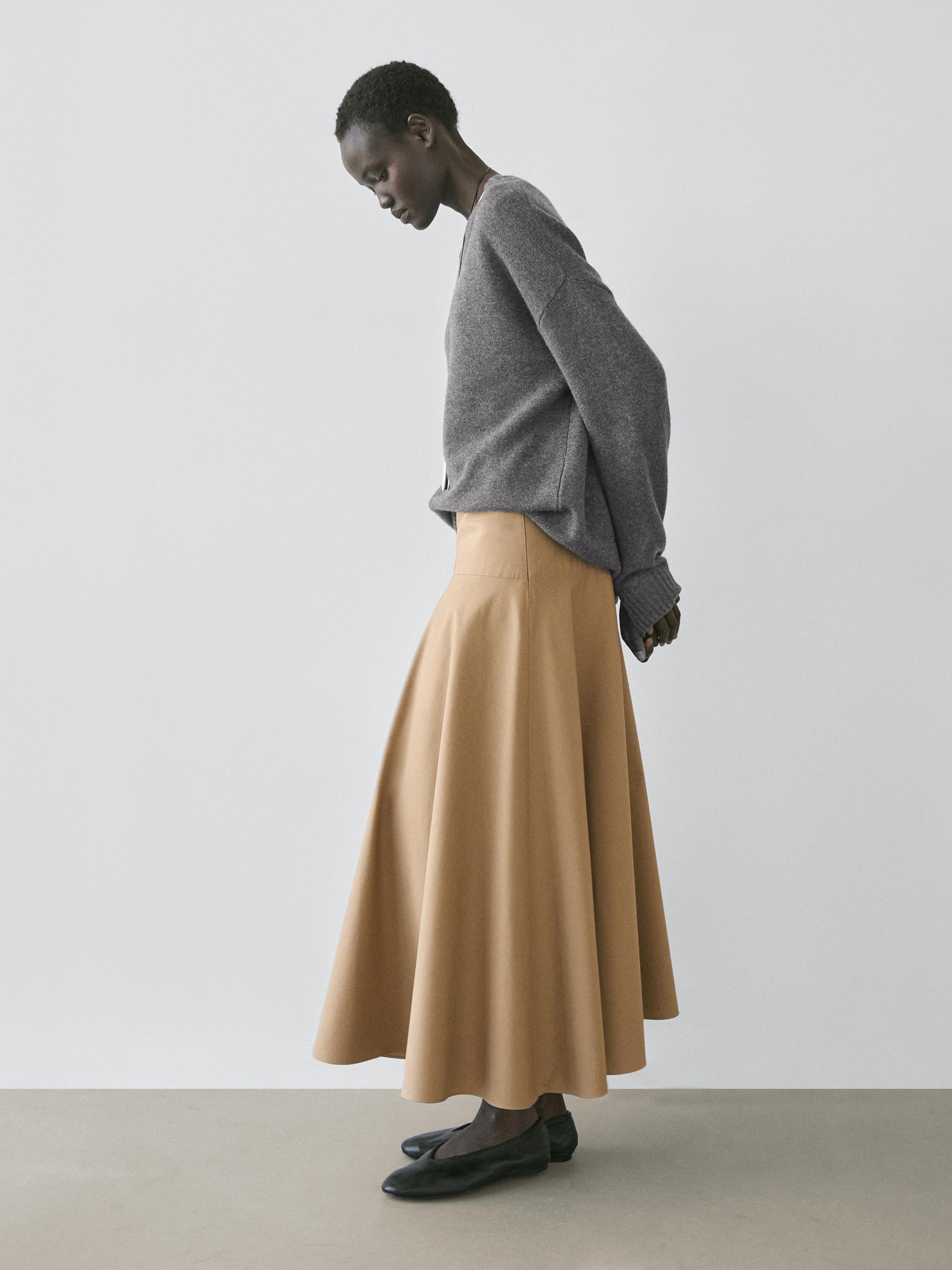 Flounce midi skirt with yoke detail — CAMEL