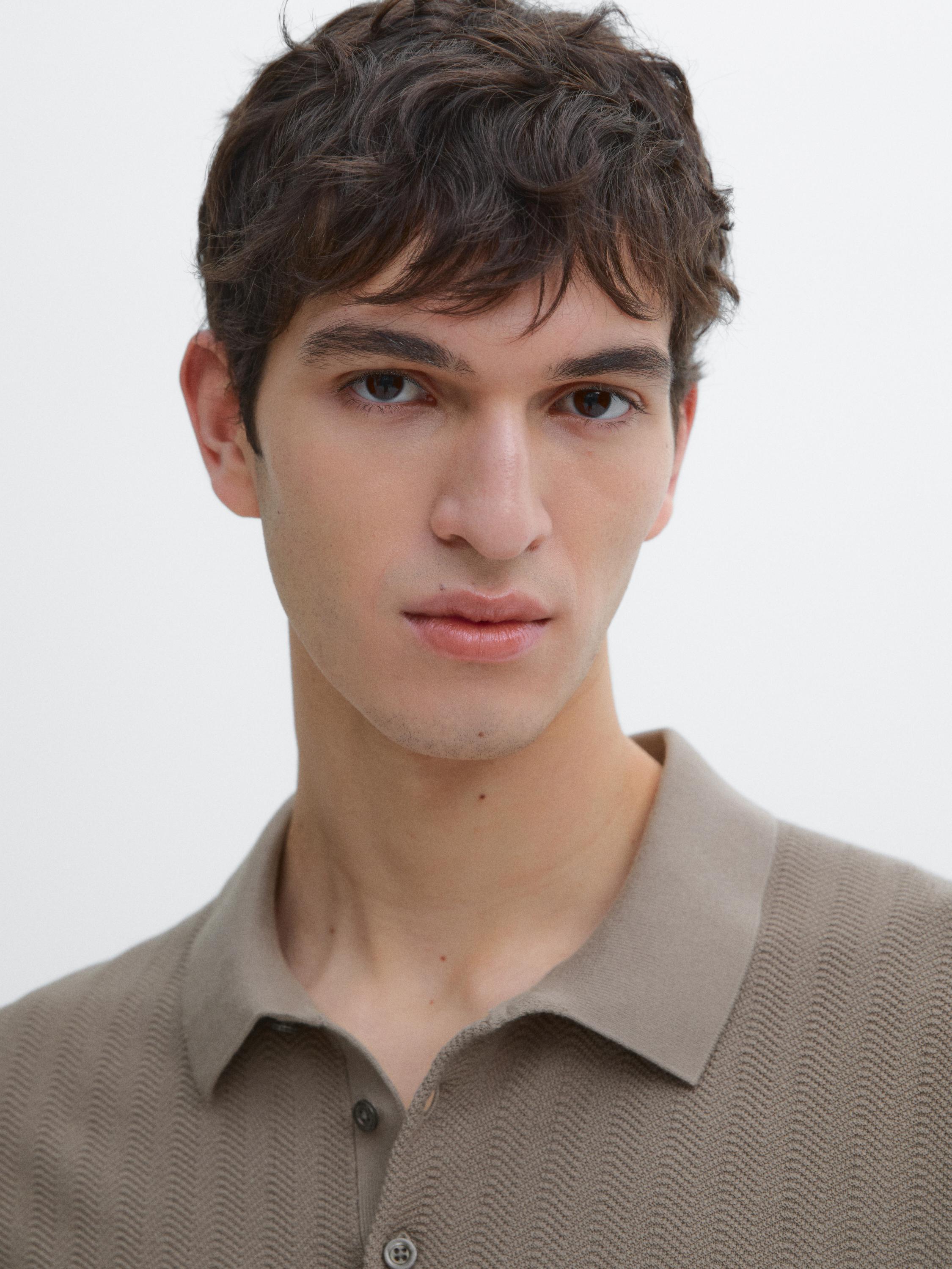 Cotton herringbone knit polo sweater
