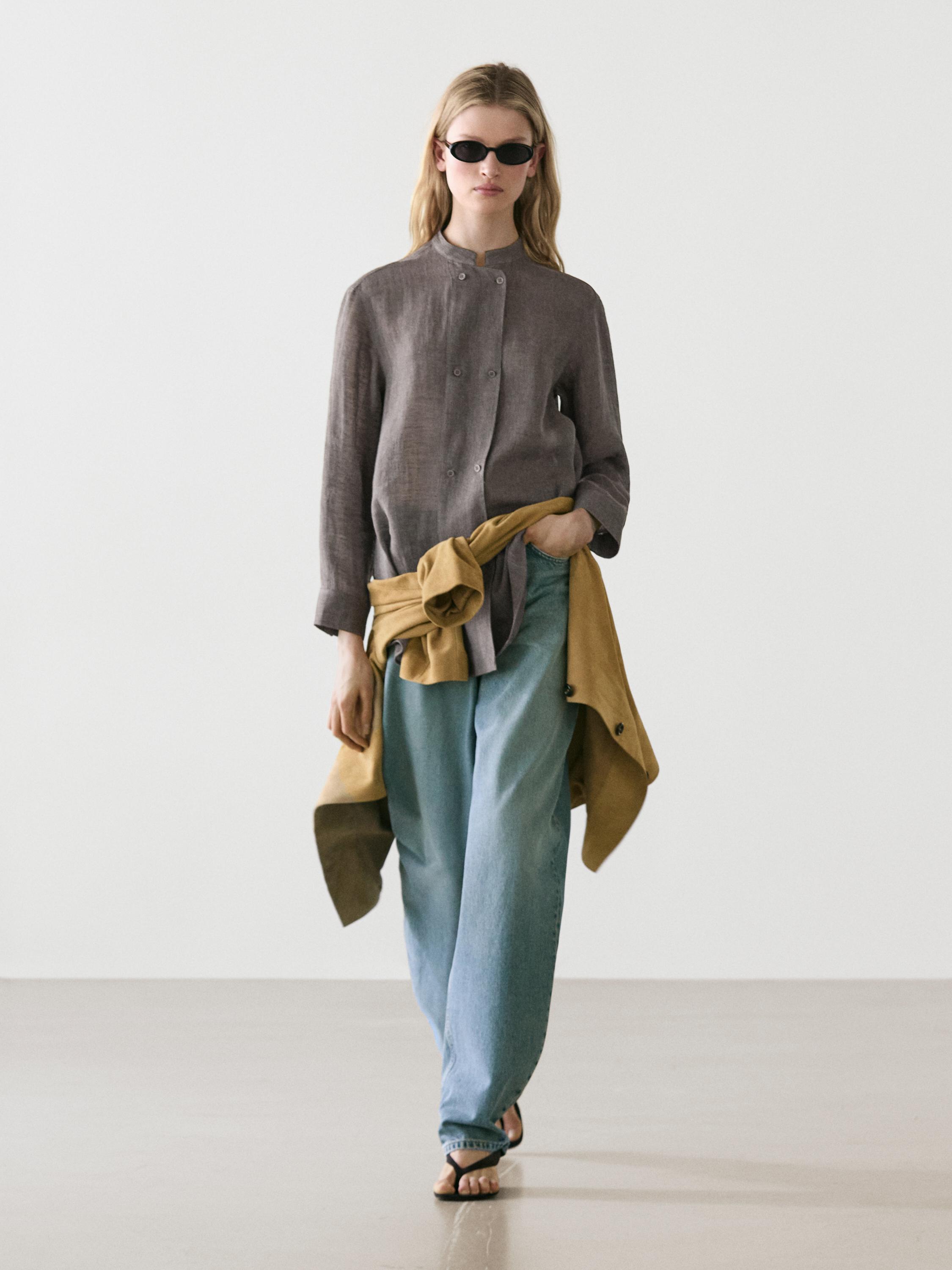 Flowing linen blend shirt with button details — MOLE BROWN