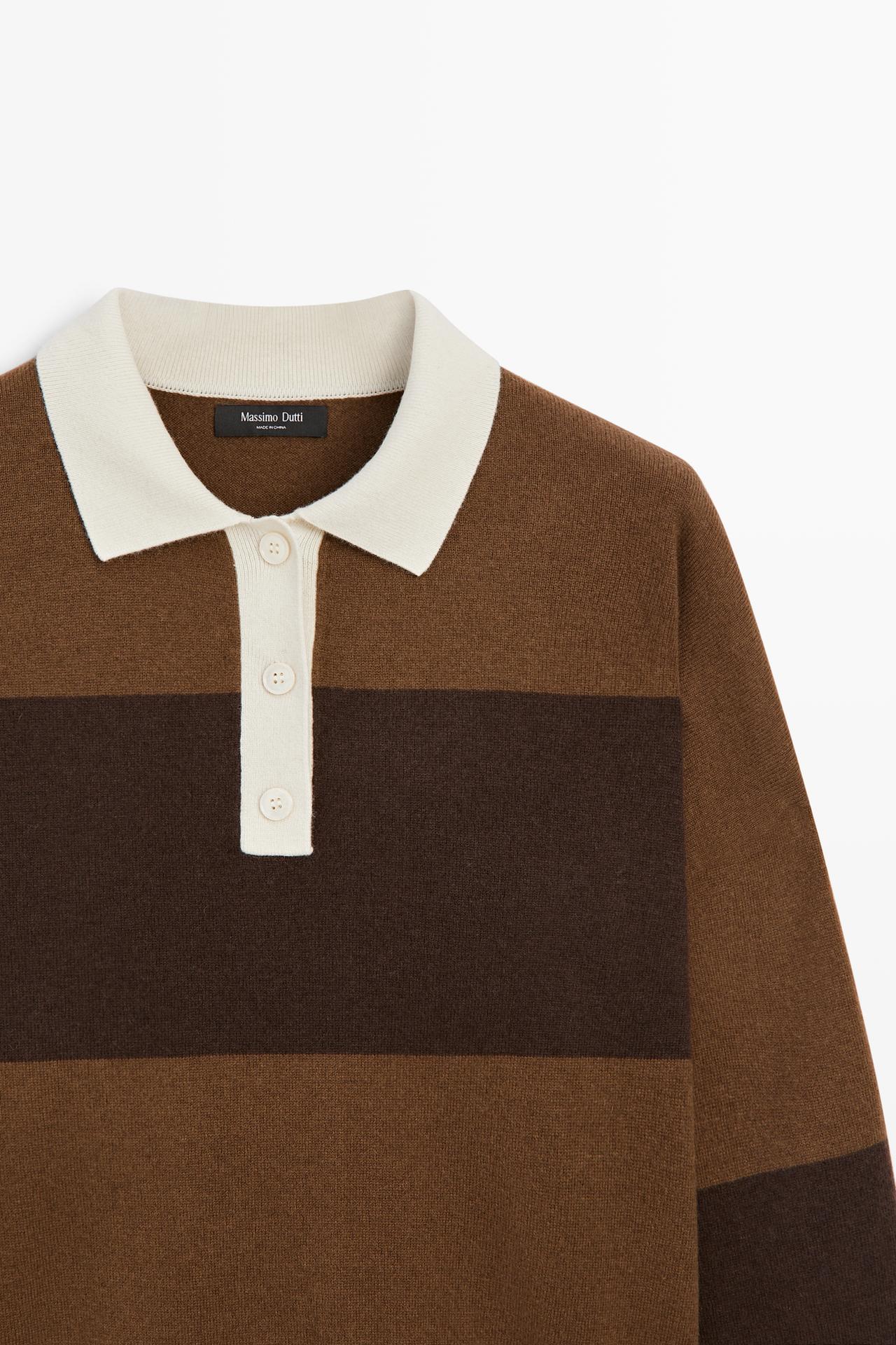 Striped knit sweater with polo collar — BROWN