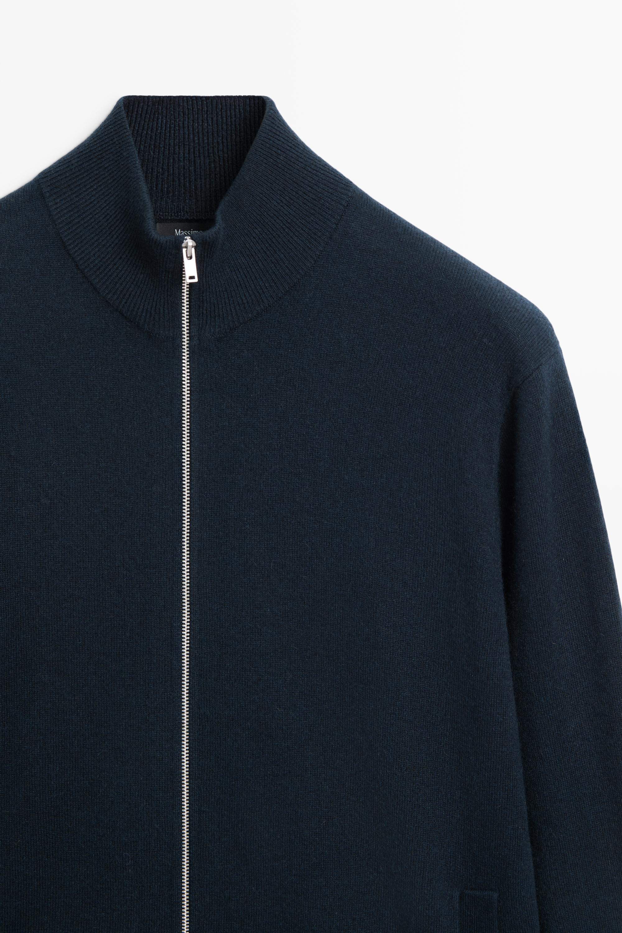 100% cashmere zip-up knit cardigan — NAVY BLUE