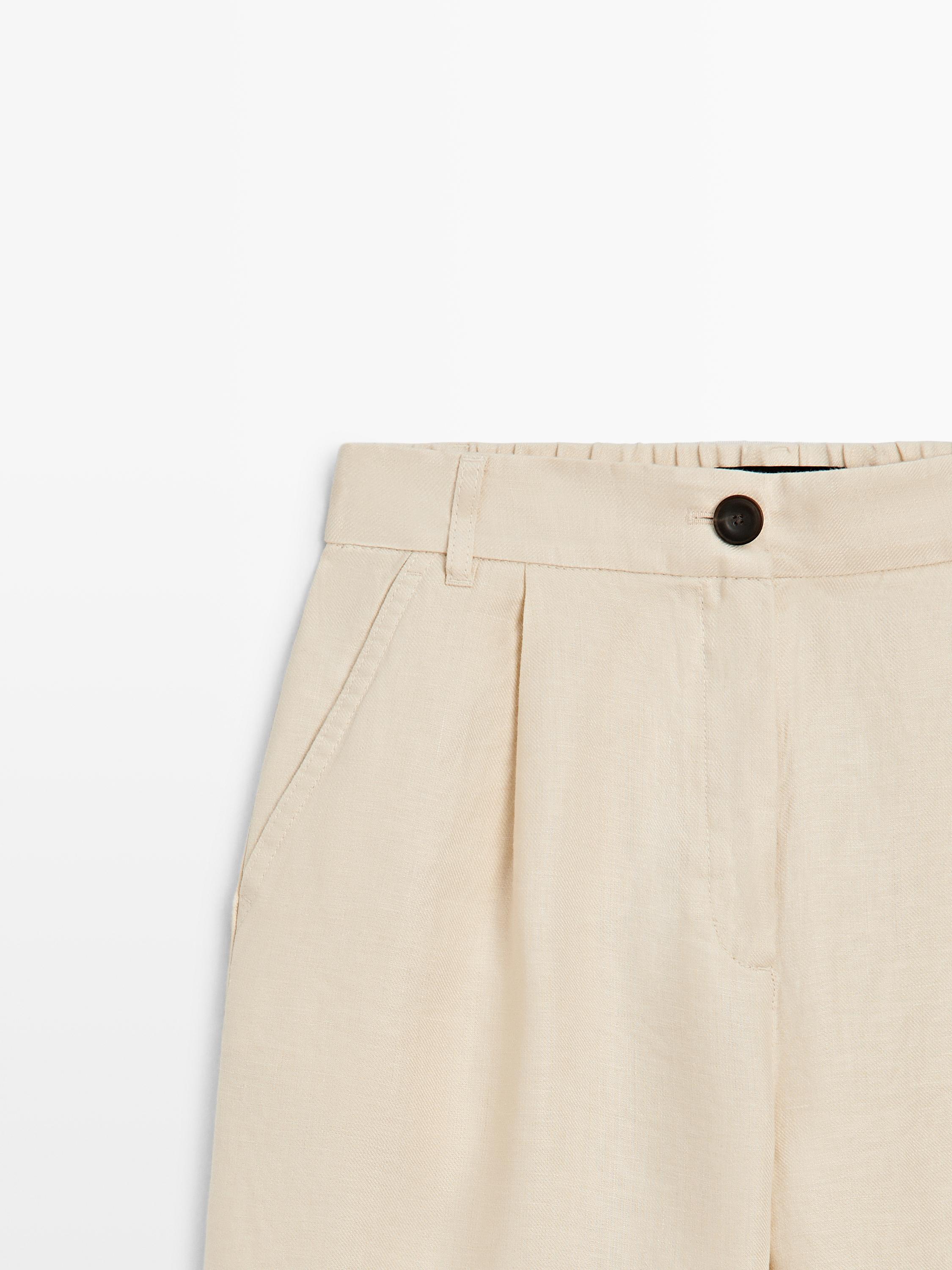 100% linen wide-leg elasticated trousers — SAND