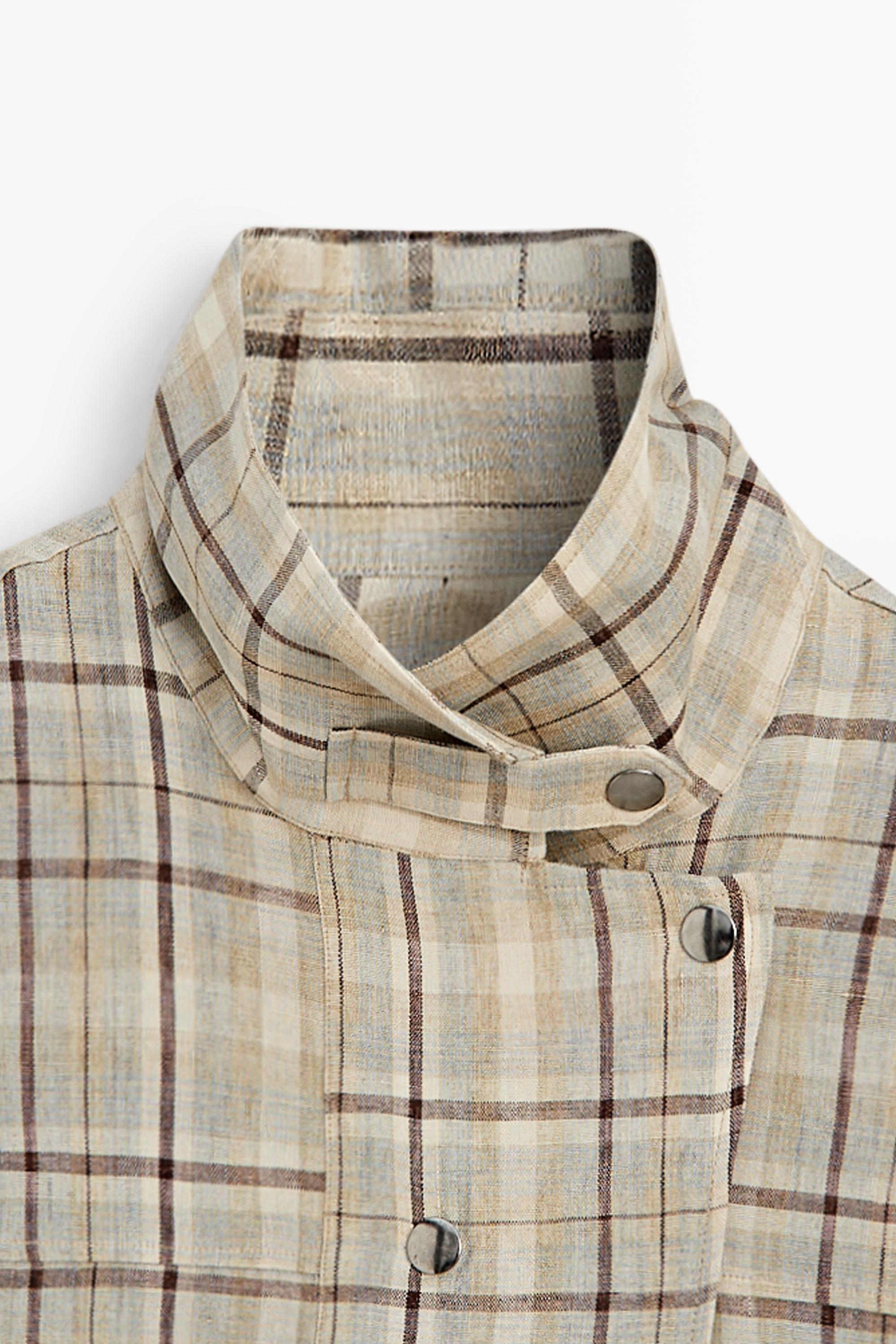 100% linen check snap button shirt — Light blue
