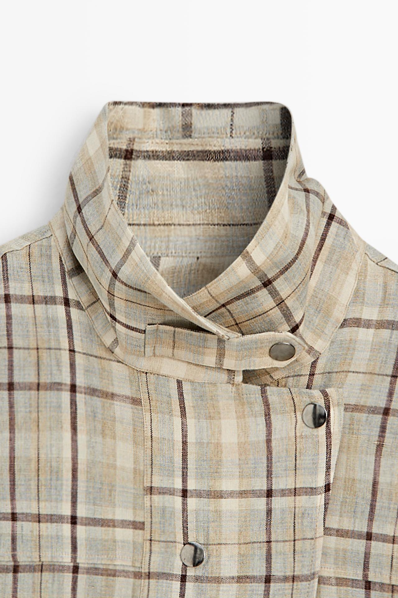 100% linen check snap button shirt — Light blue