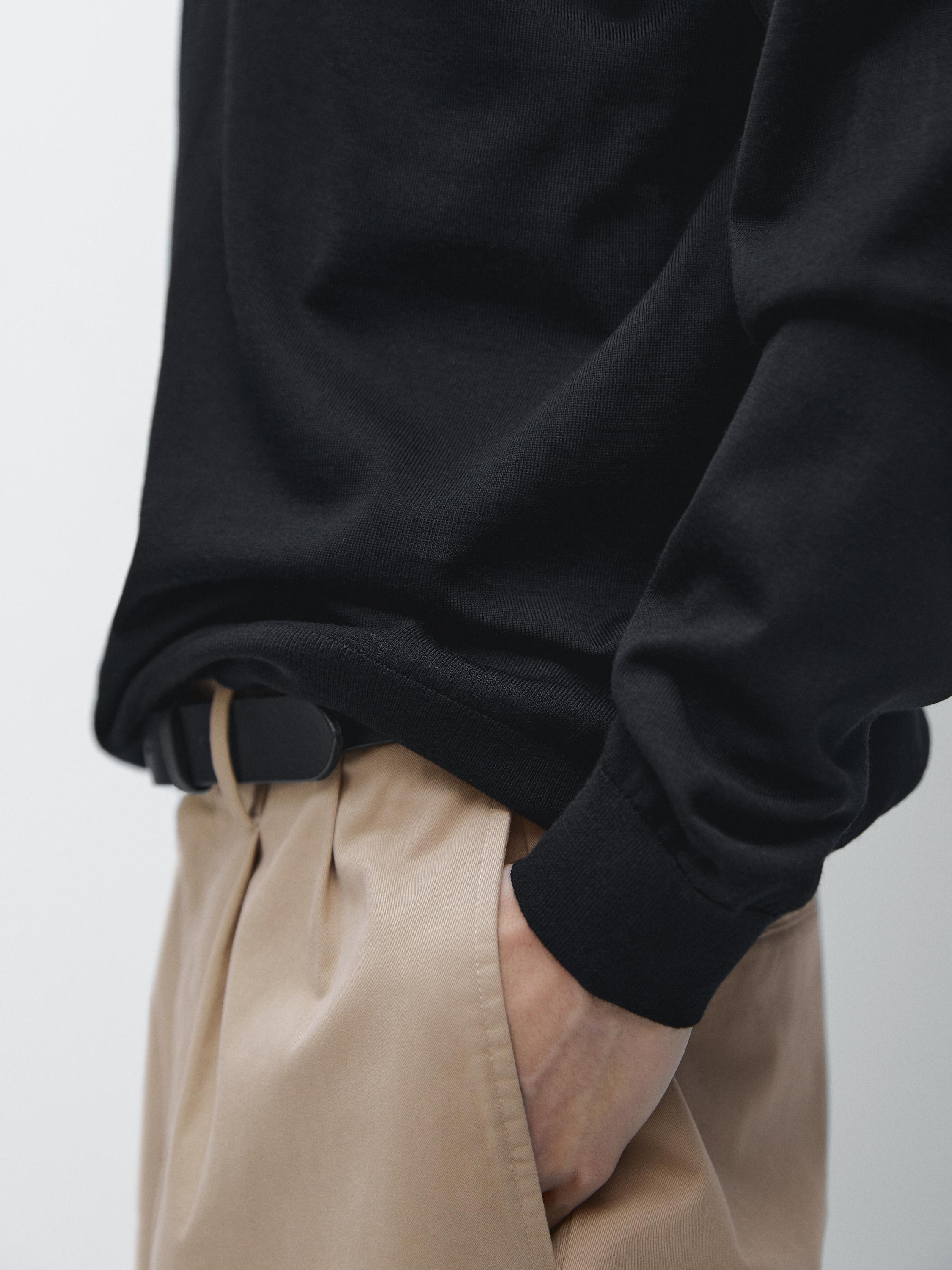 100% wool knit sweater with polo collar — BLACK