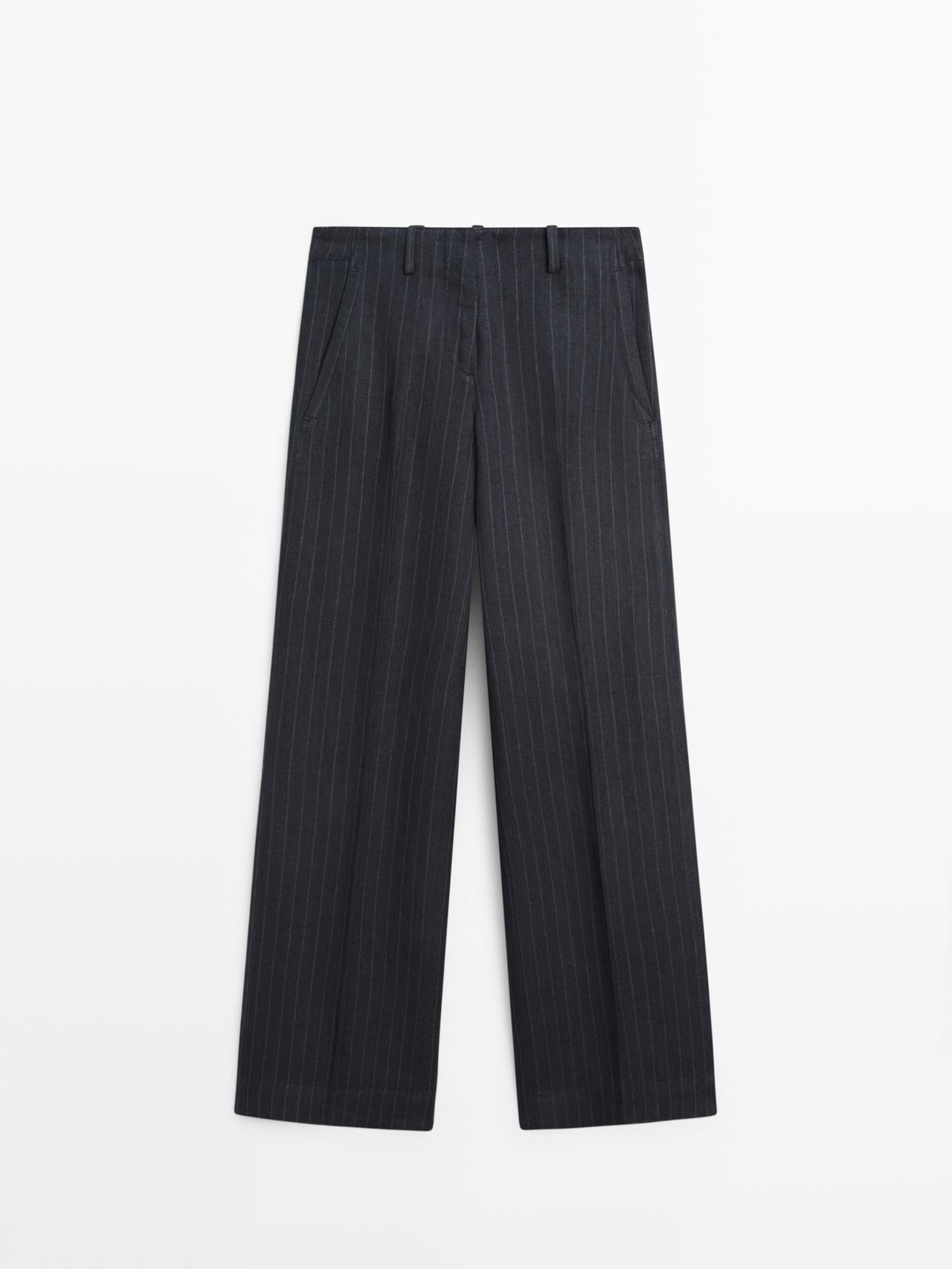 Massimo Dutti Pantalón Ancho Raya Diplomática Lino In Blue