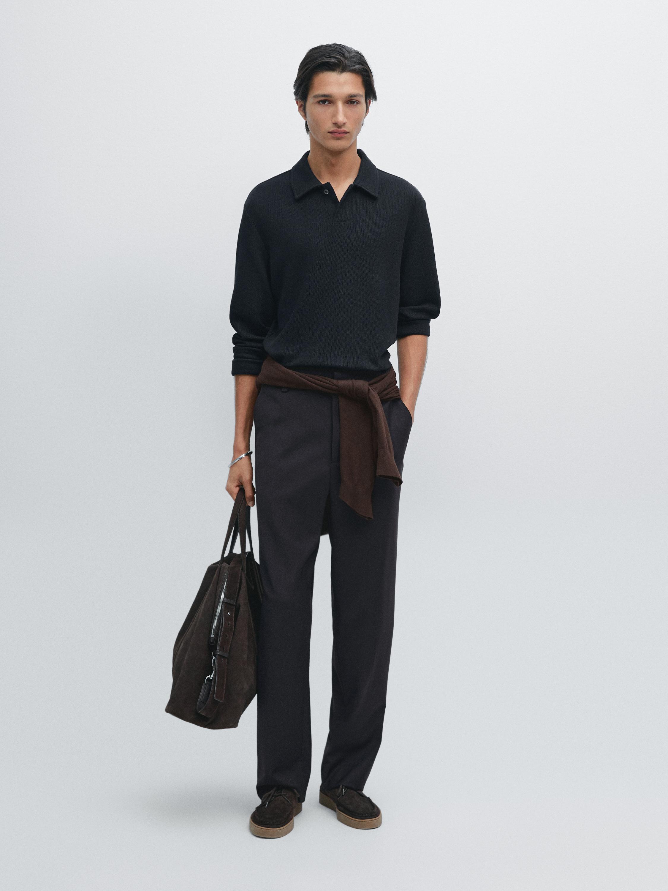 Textúrované polo tričko s dlhým rukávom