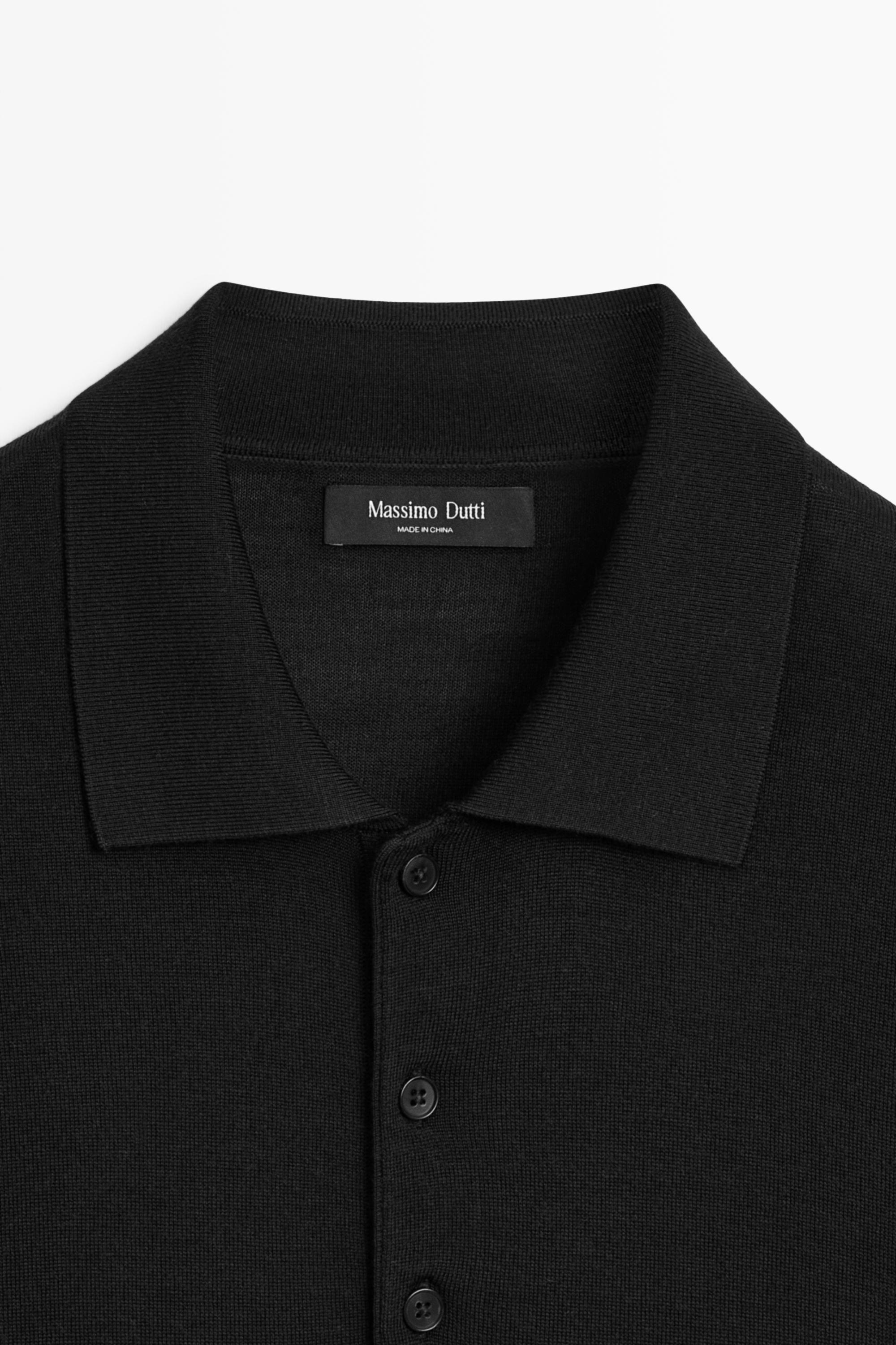 Wool blend knit polo shirt — BLACK
