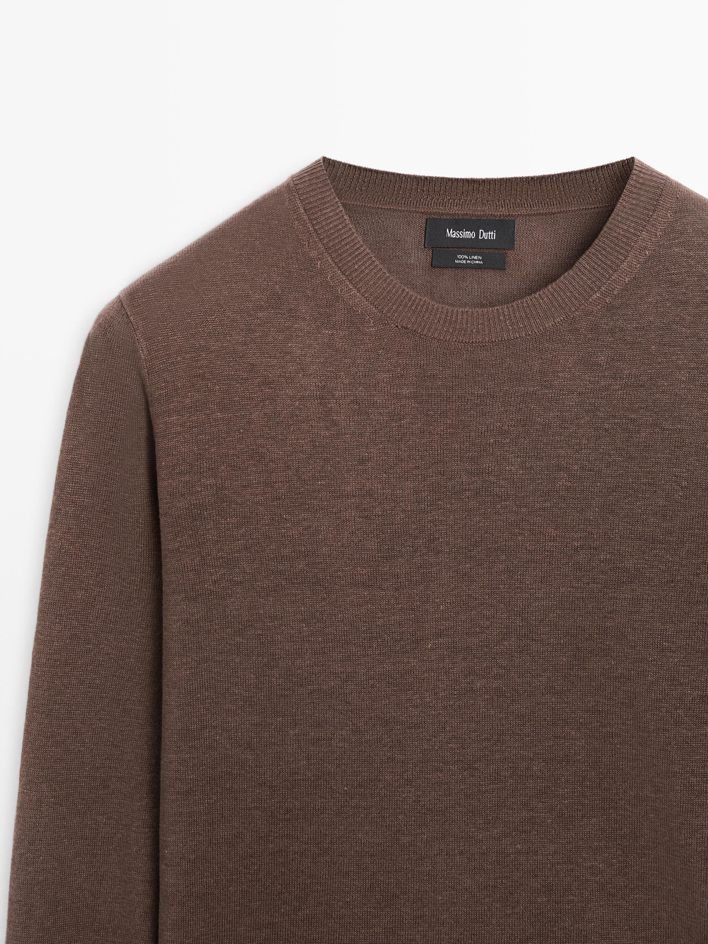 100% linen knit crew neck sweater — Reddish brown