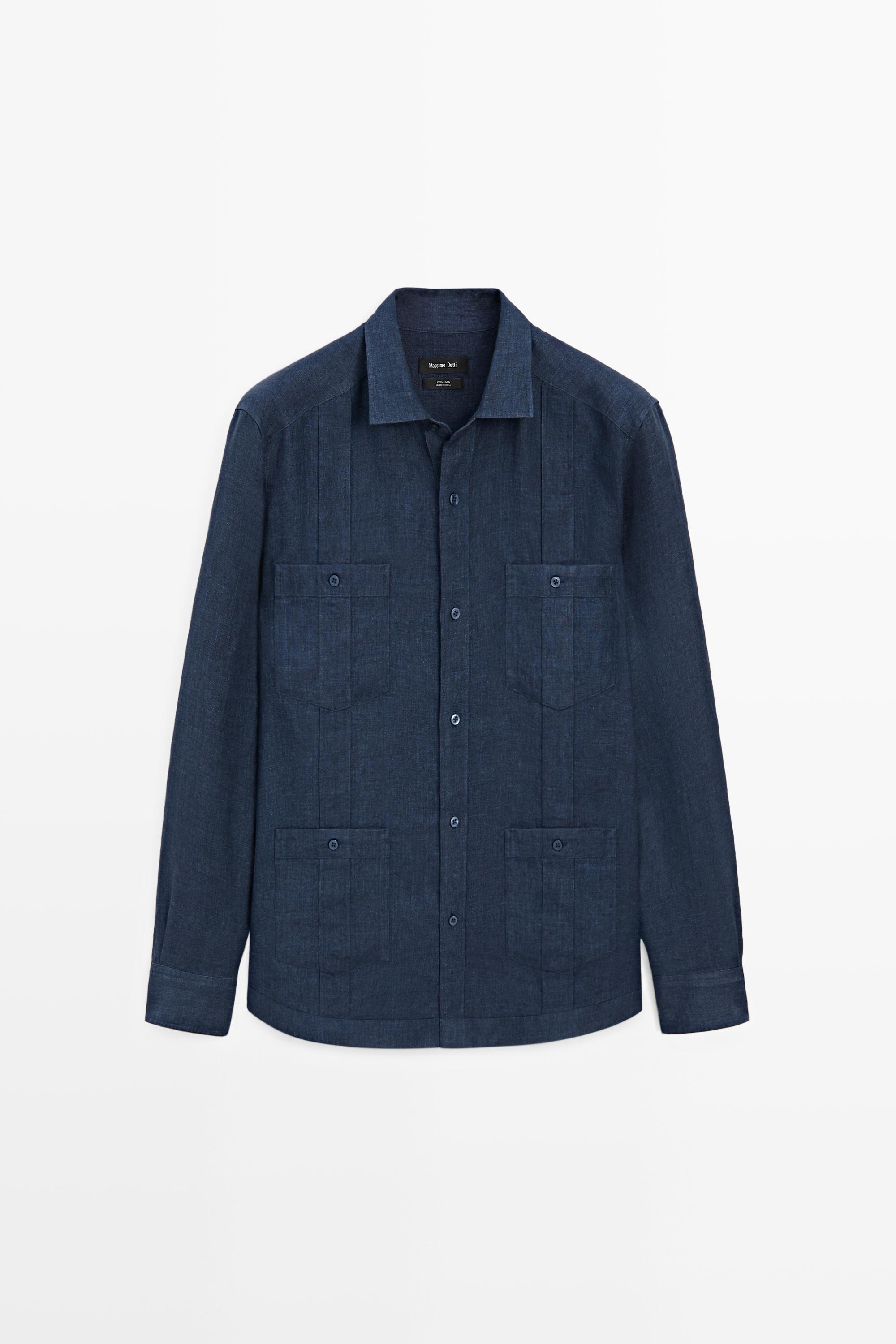Regular fit 100% linen shirt with pockets — DEEP BLUE