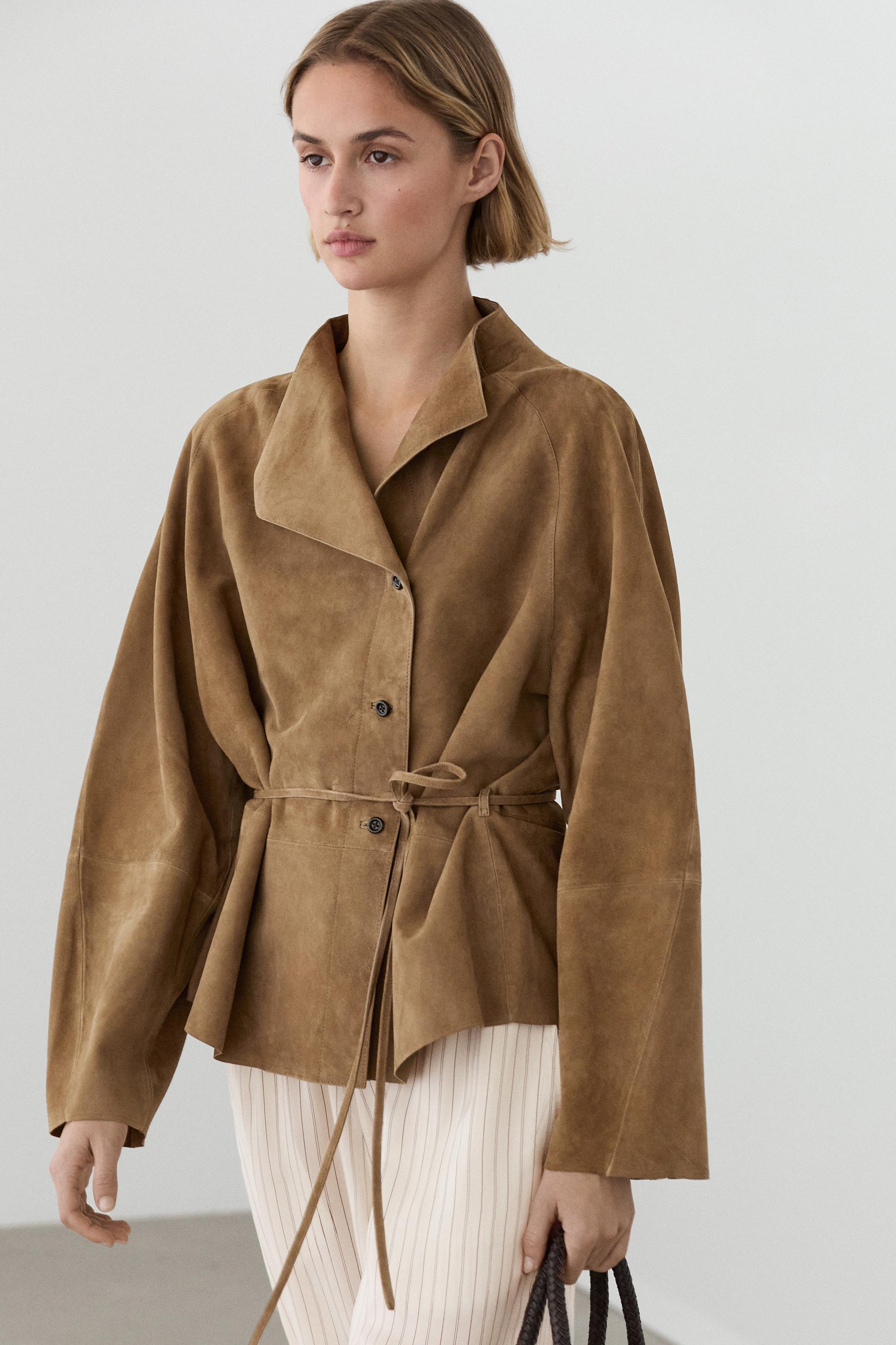 Suede leather jacket with drawstring — SAND
