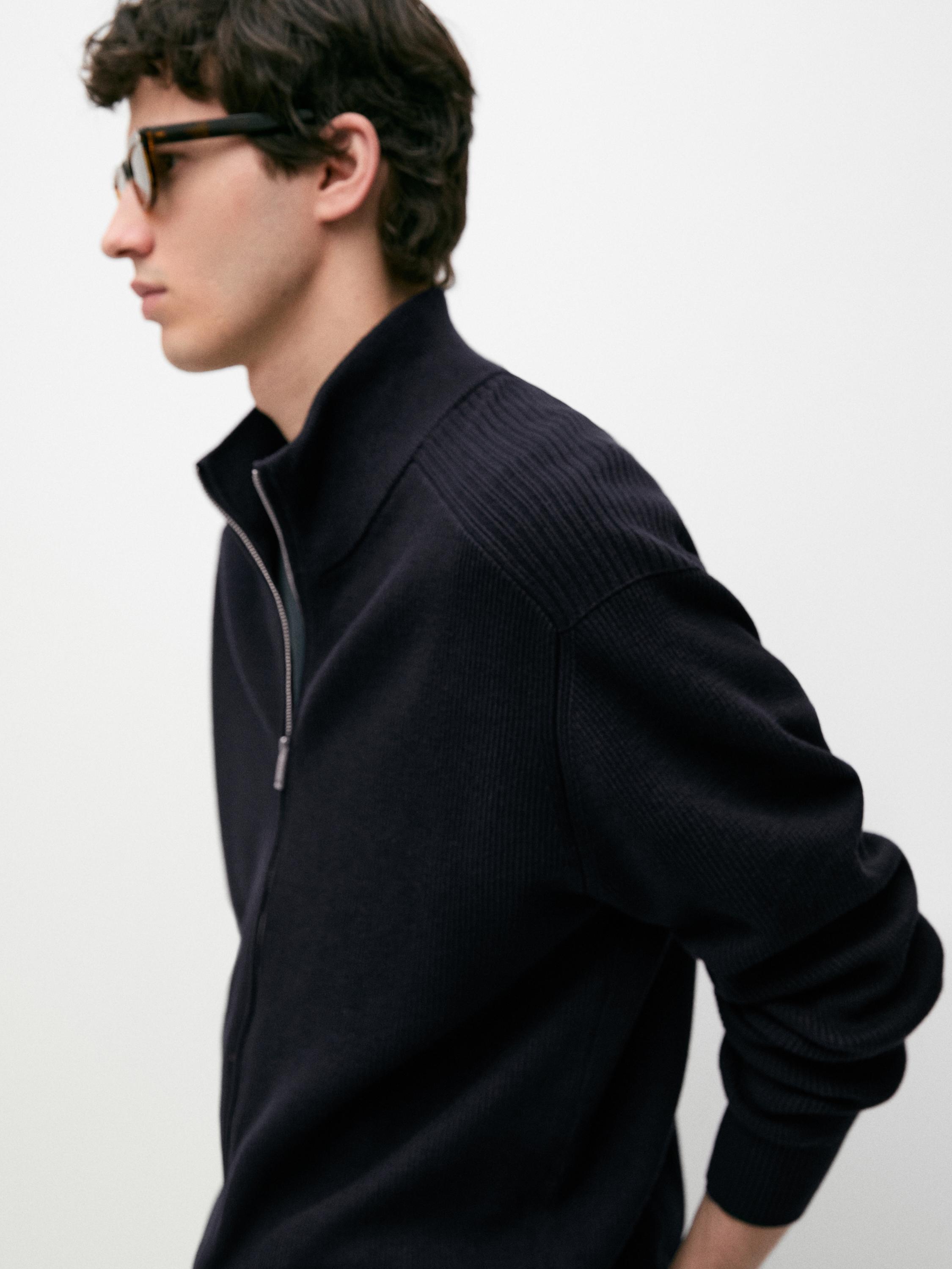 Cotton zip-up knit cardigan — NAVY BLUE