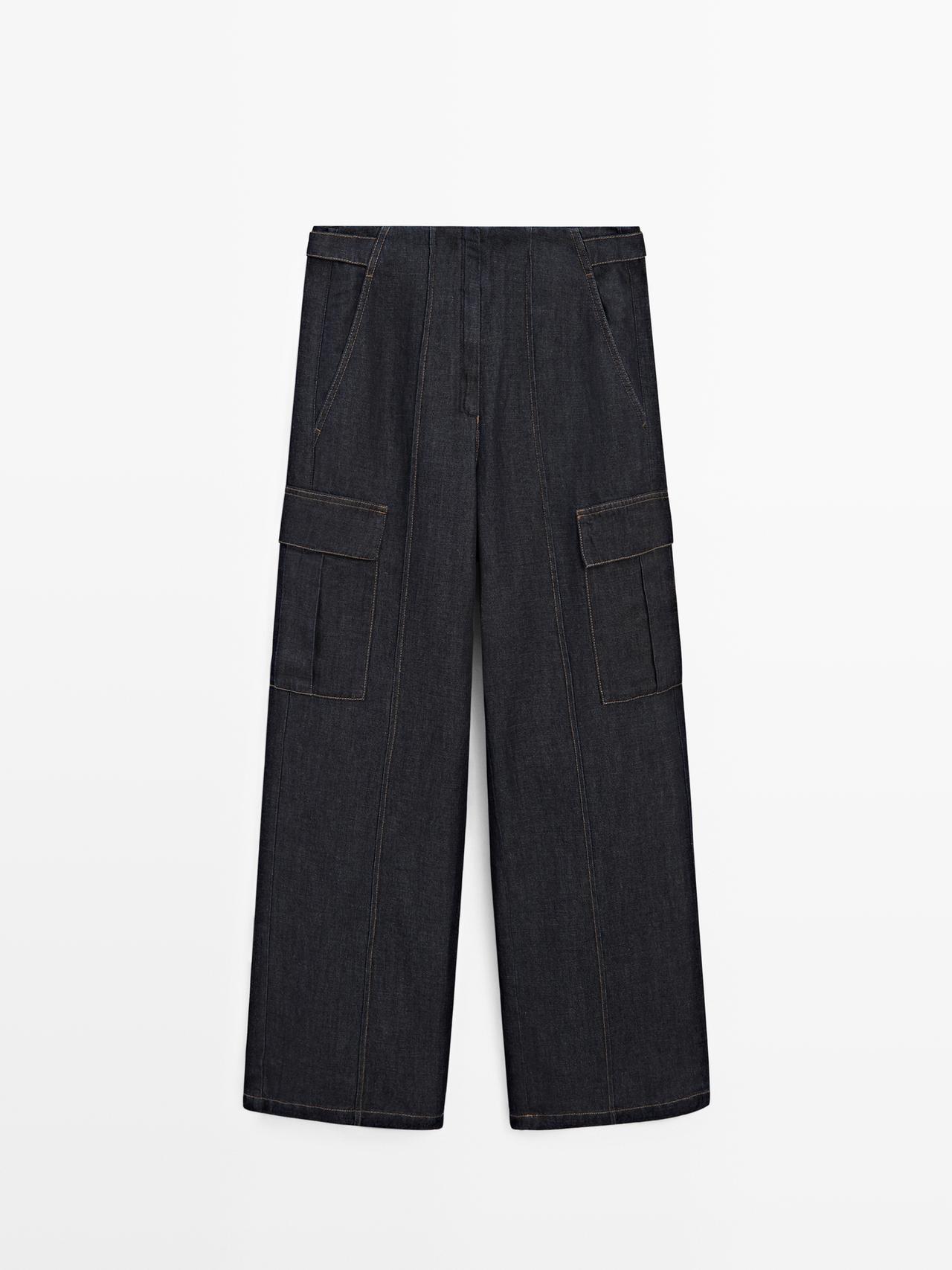 Pantalón Denim Cargo Con Lino - Azul Oscuro - 36 - Massimo Dutti - Mujer