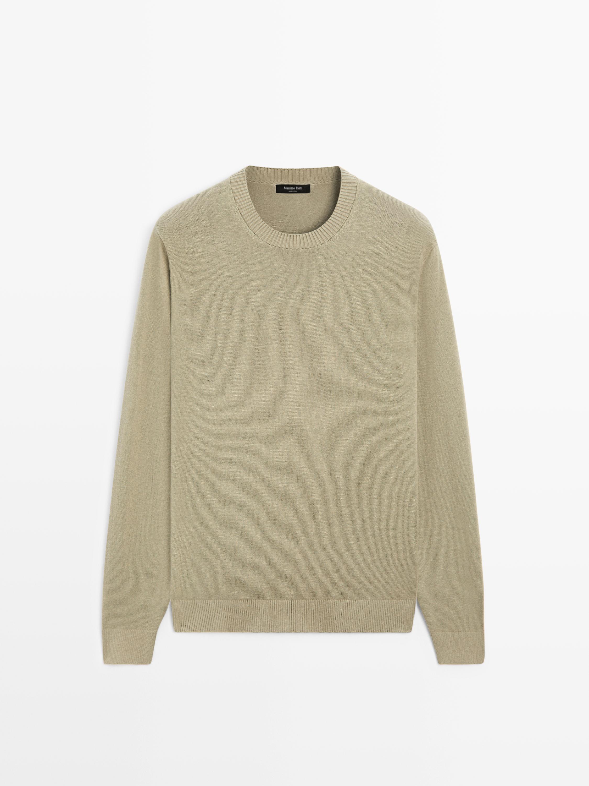 Knit cotton and wool sweater with crew neck — PALE GREEN