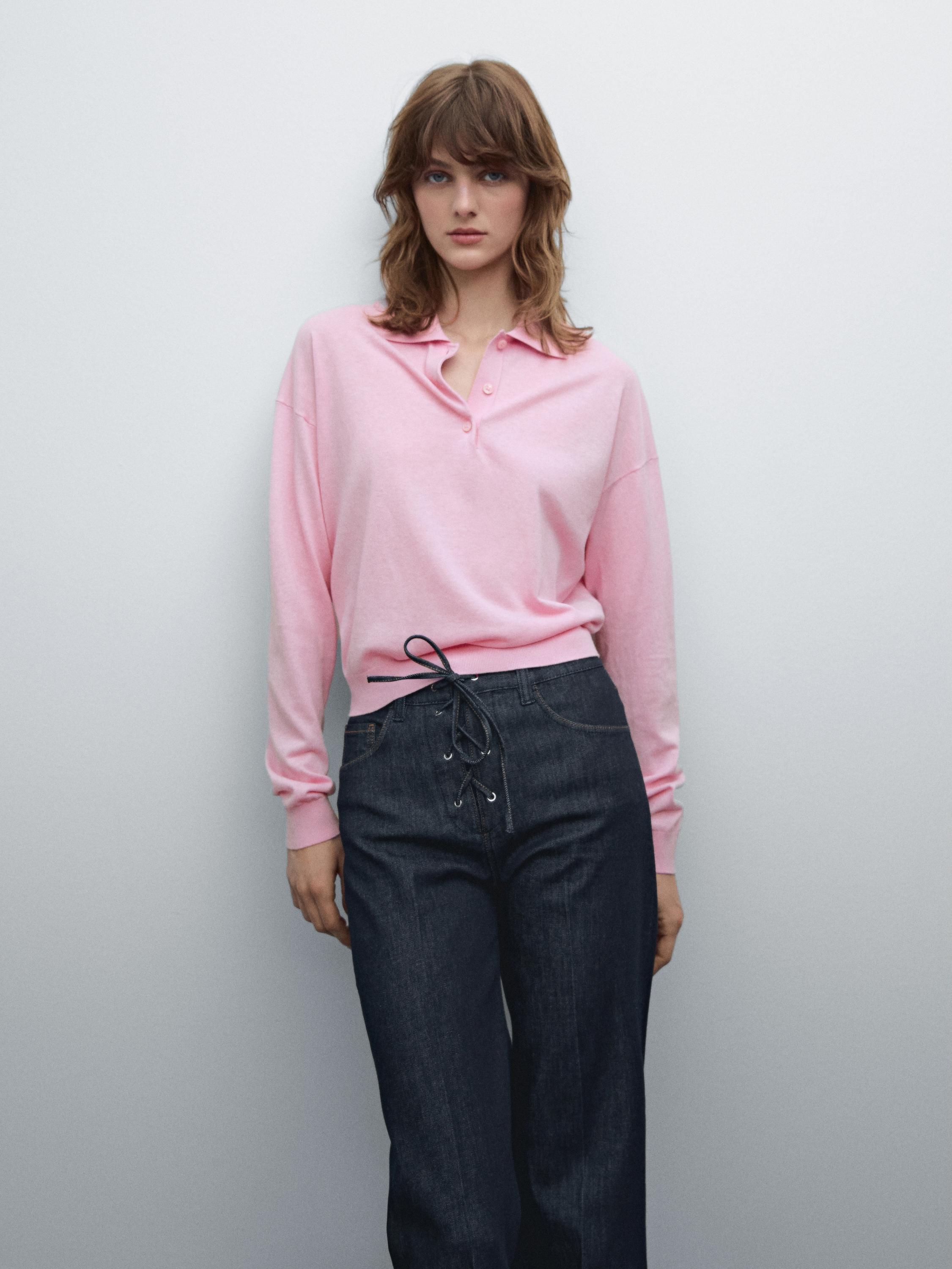Cotton blend knit polo sweater