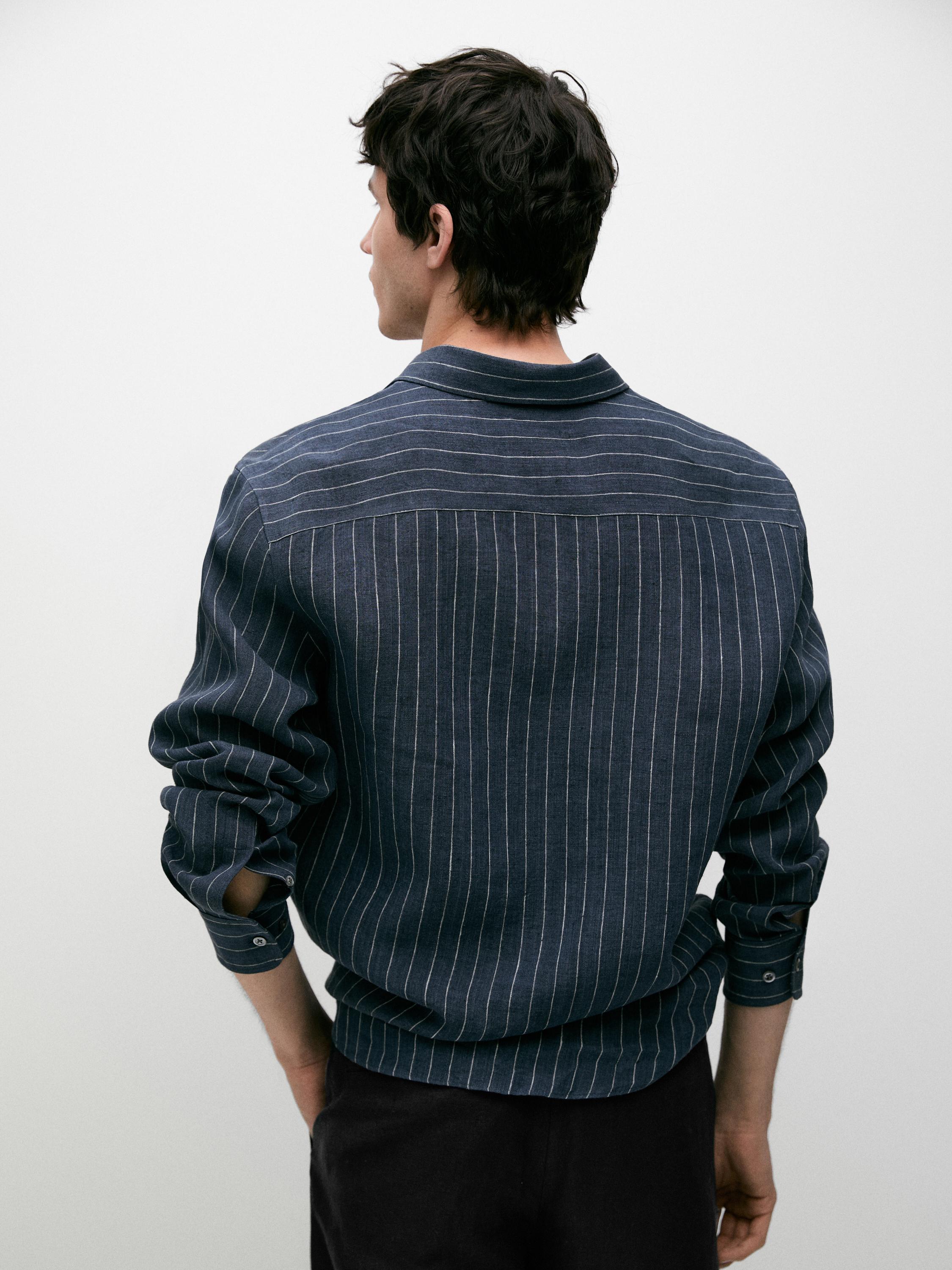 Regular fit 100% linen striped shirt — FADED BLUE