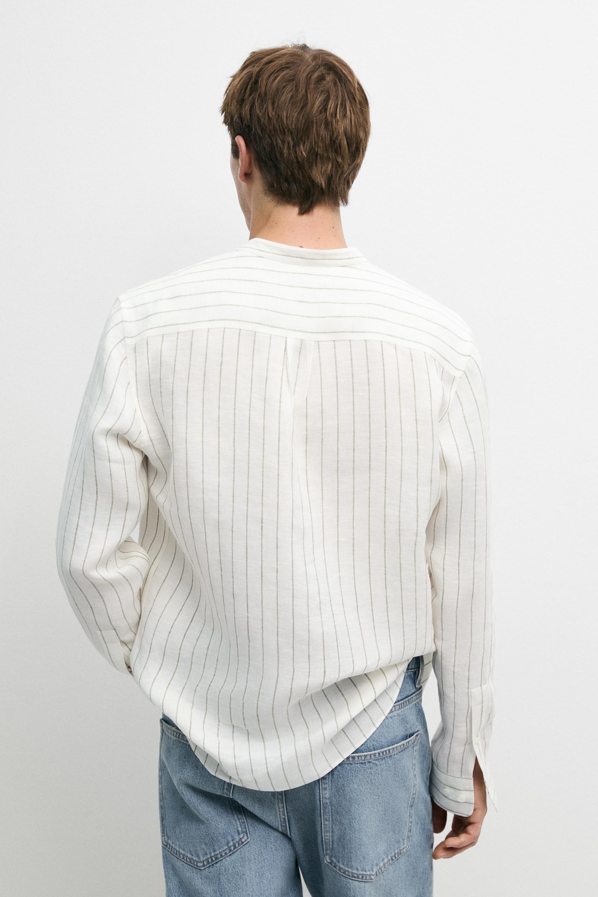 100% linen striped stand collar shirt — SAND