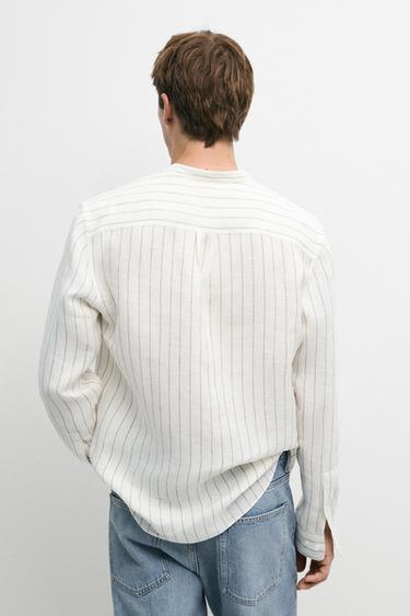 100% linen striped stand collar shirt — SAND 5