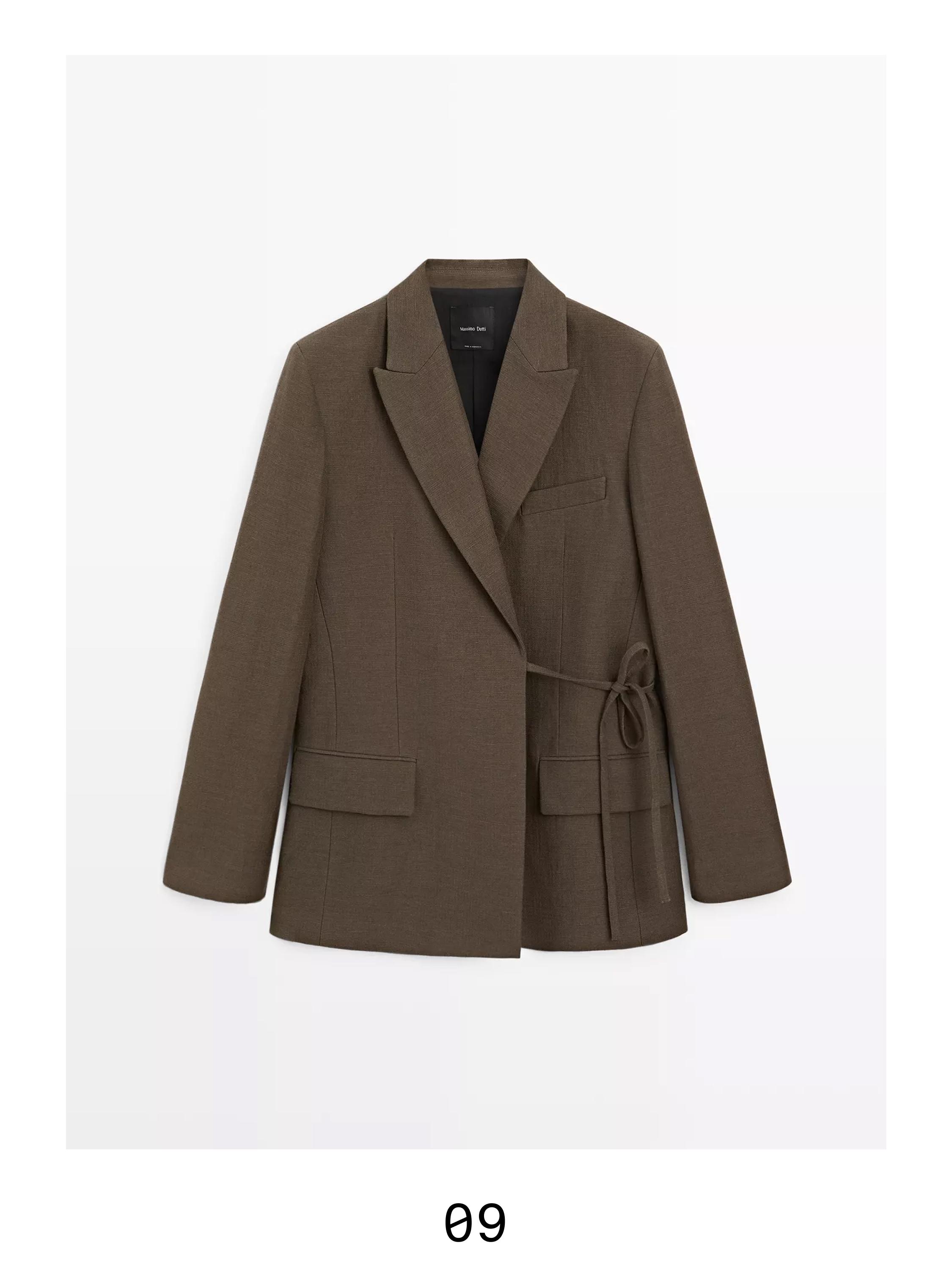 Double-breasted cotton blend blazer with tie detail — DARK GREEN