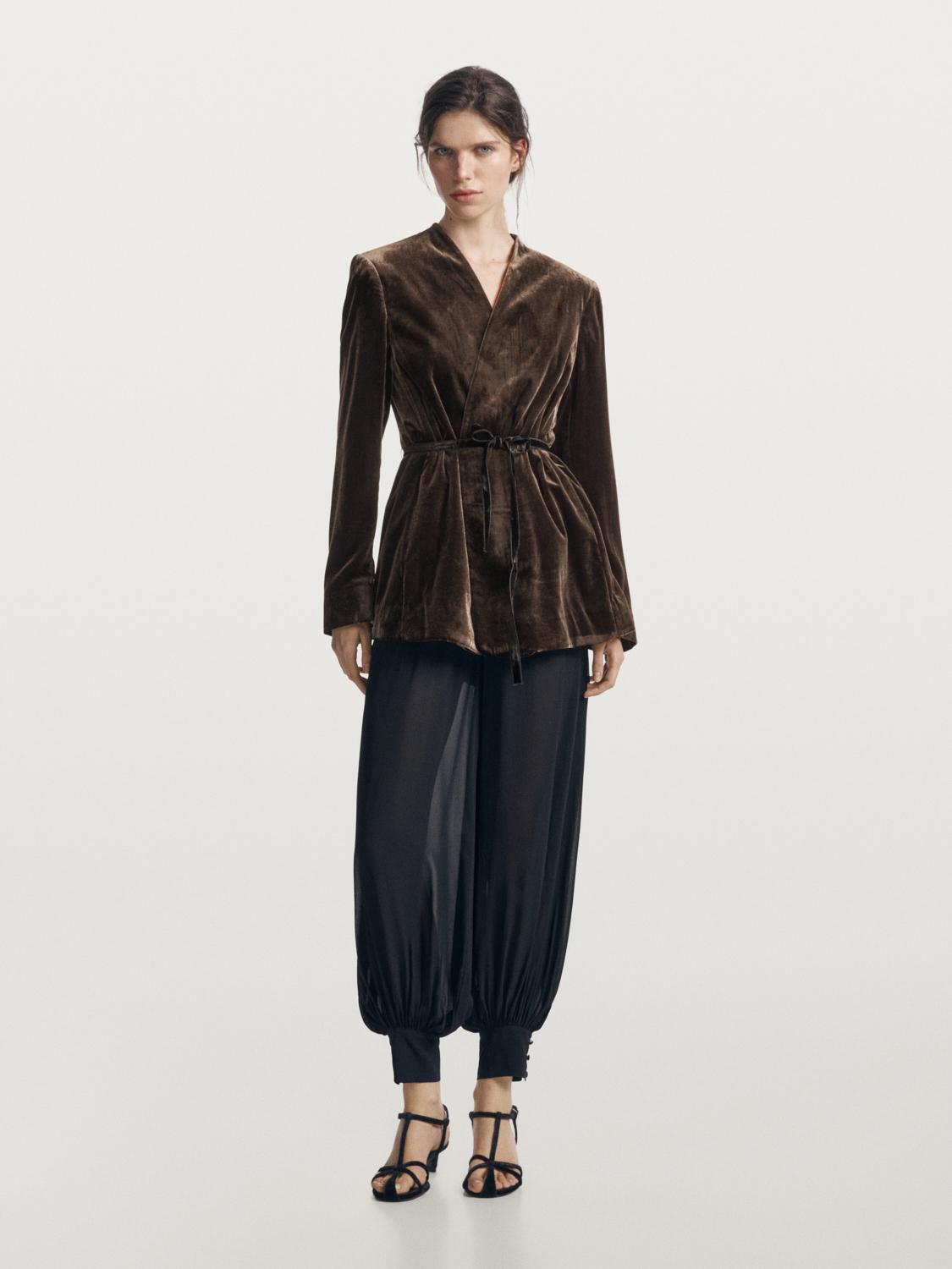 Velvet blazer with tie detail