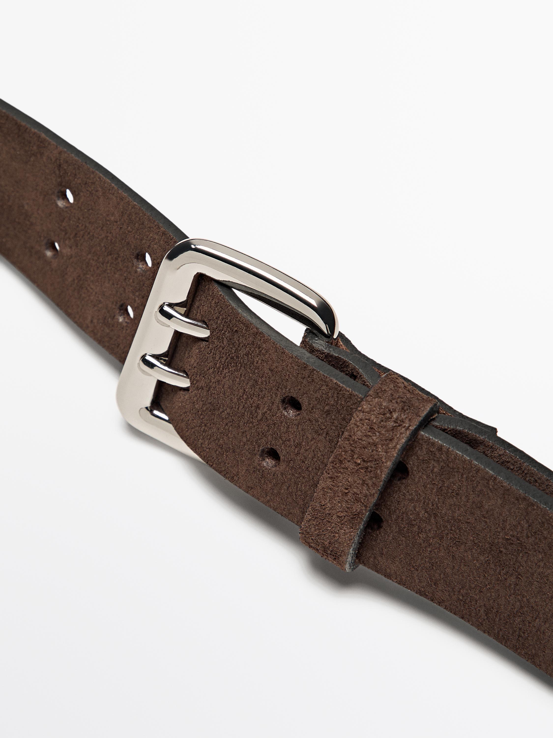 Nubuck leather belt with double buckle