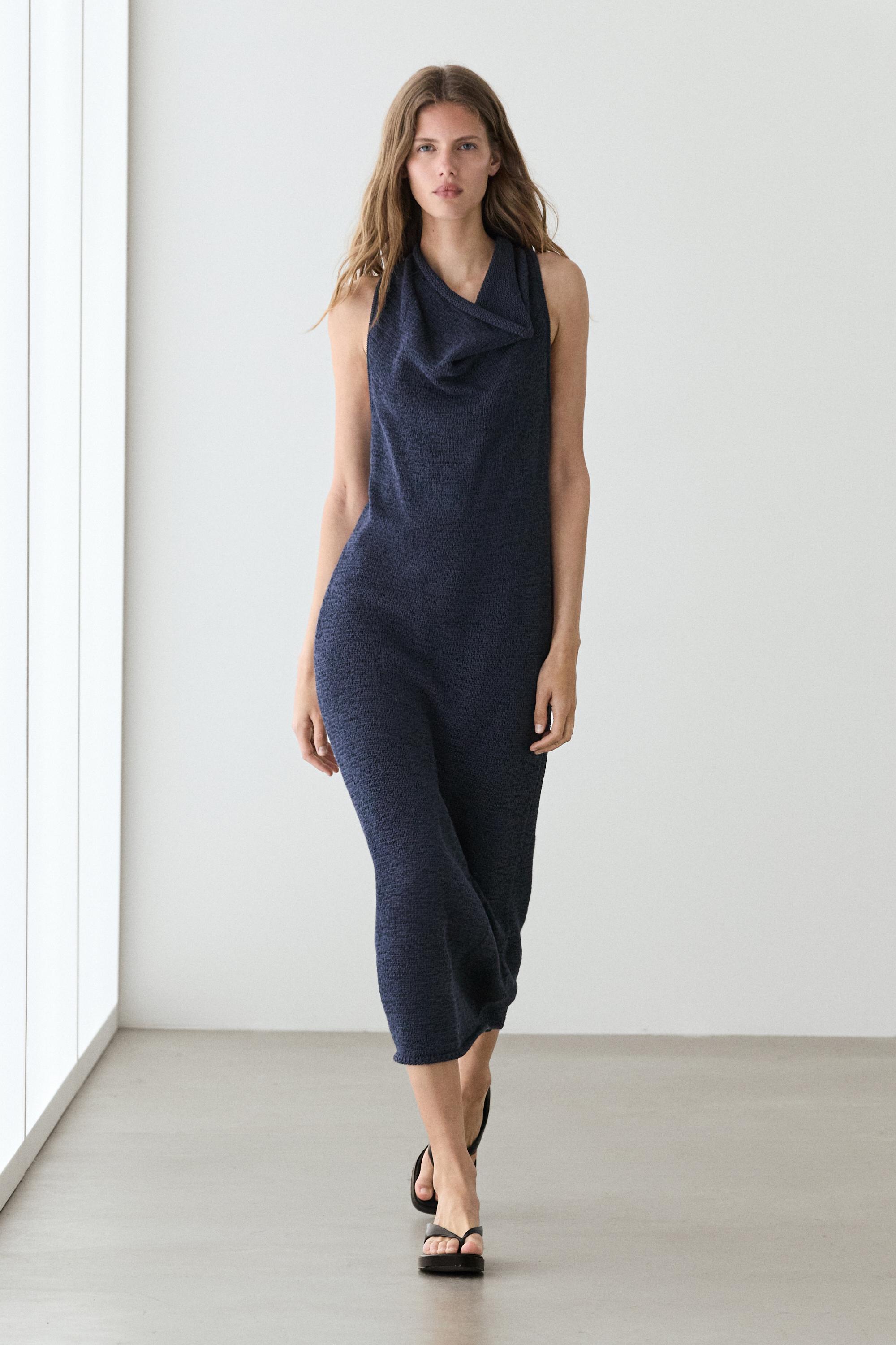 Knit midi dress with draped neckline Dark Blue Dress | Massimo Dutti Knit midi dress with draped neckline Dark Blue Dress | Massimo Dutti