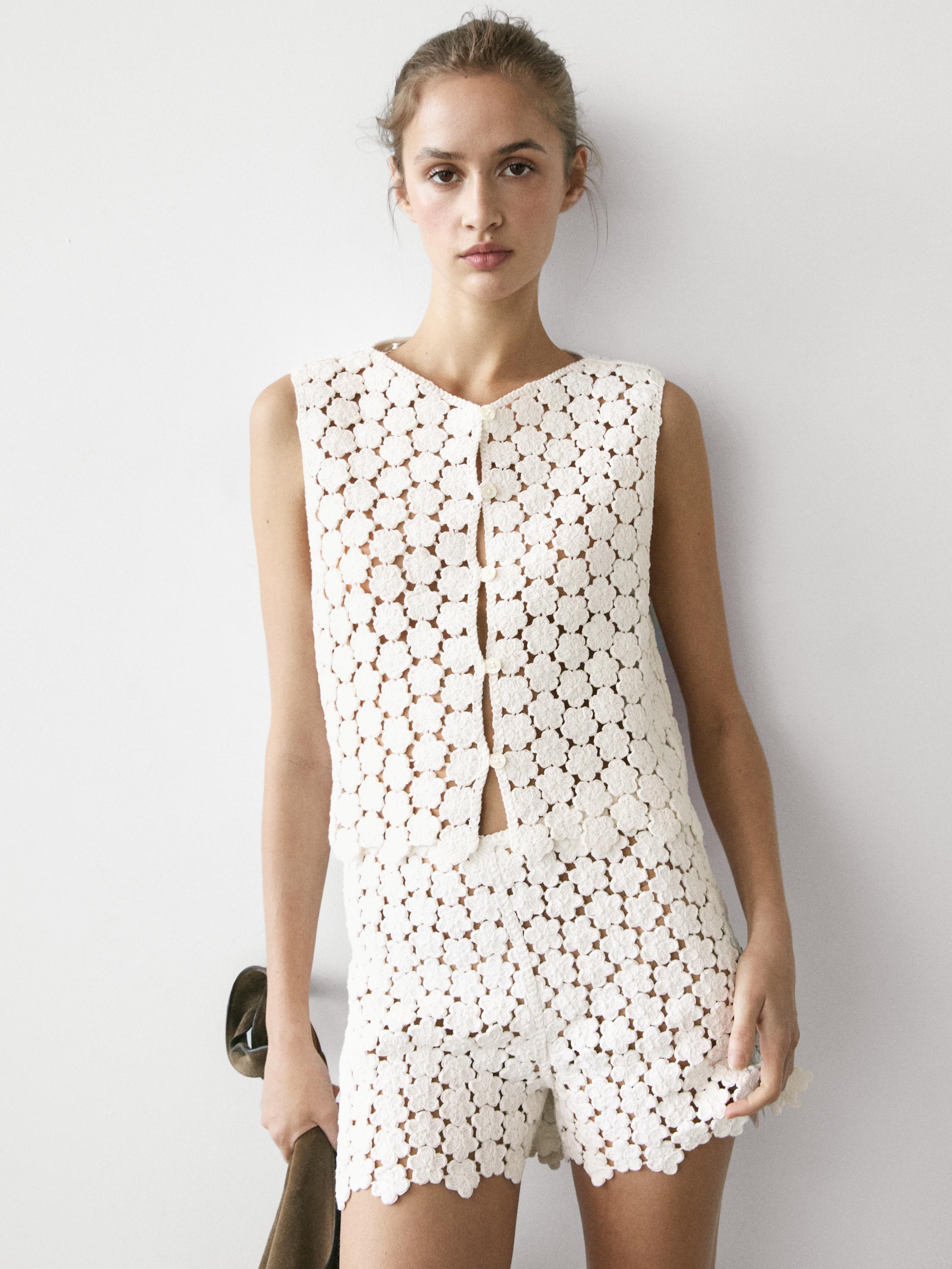 Cotton crochet vest with floral details — CREAM