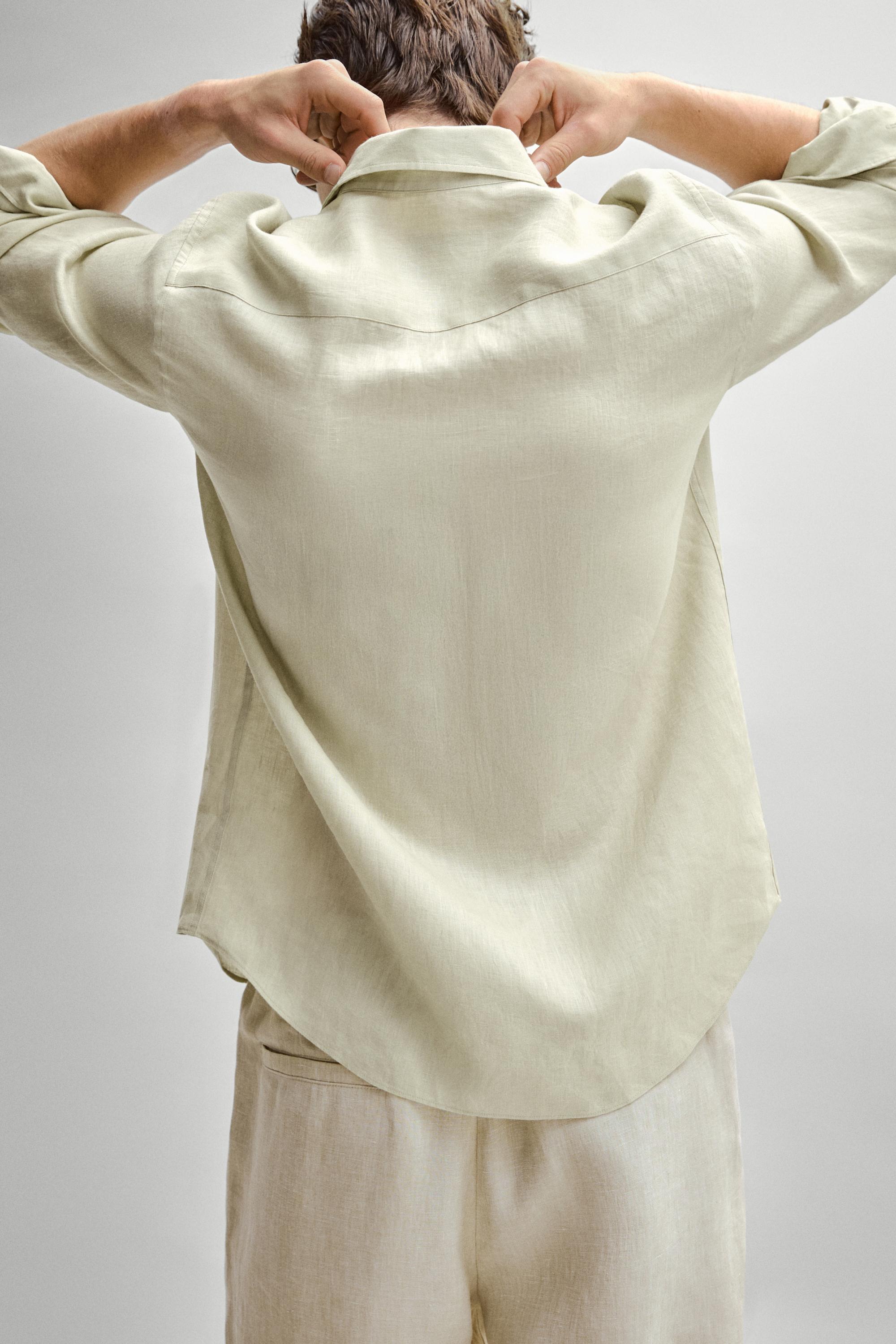 Slim fit 100% linen shirt — PALE GREEN