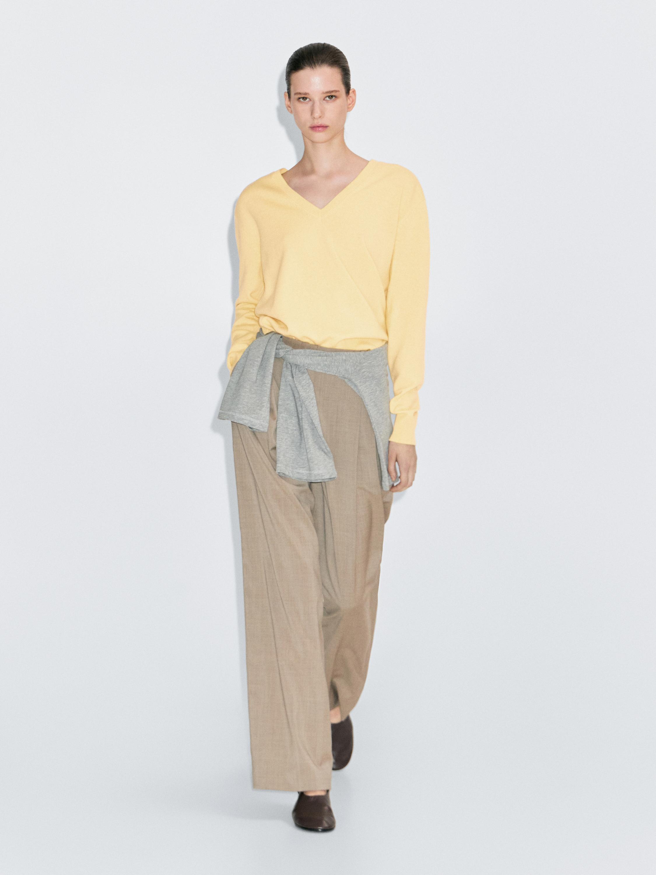 Wool blend deep V-neck knit sweater