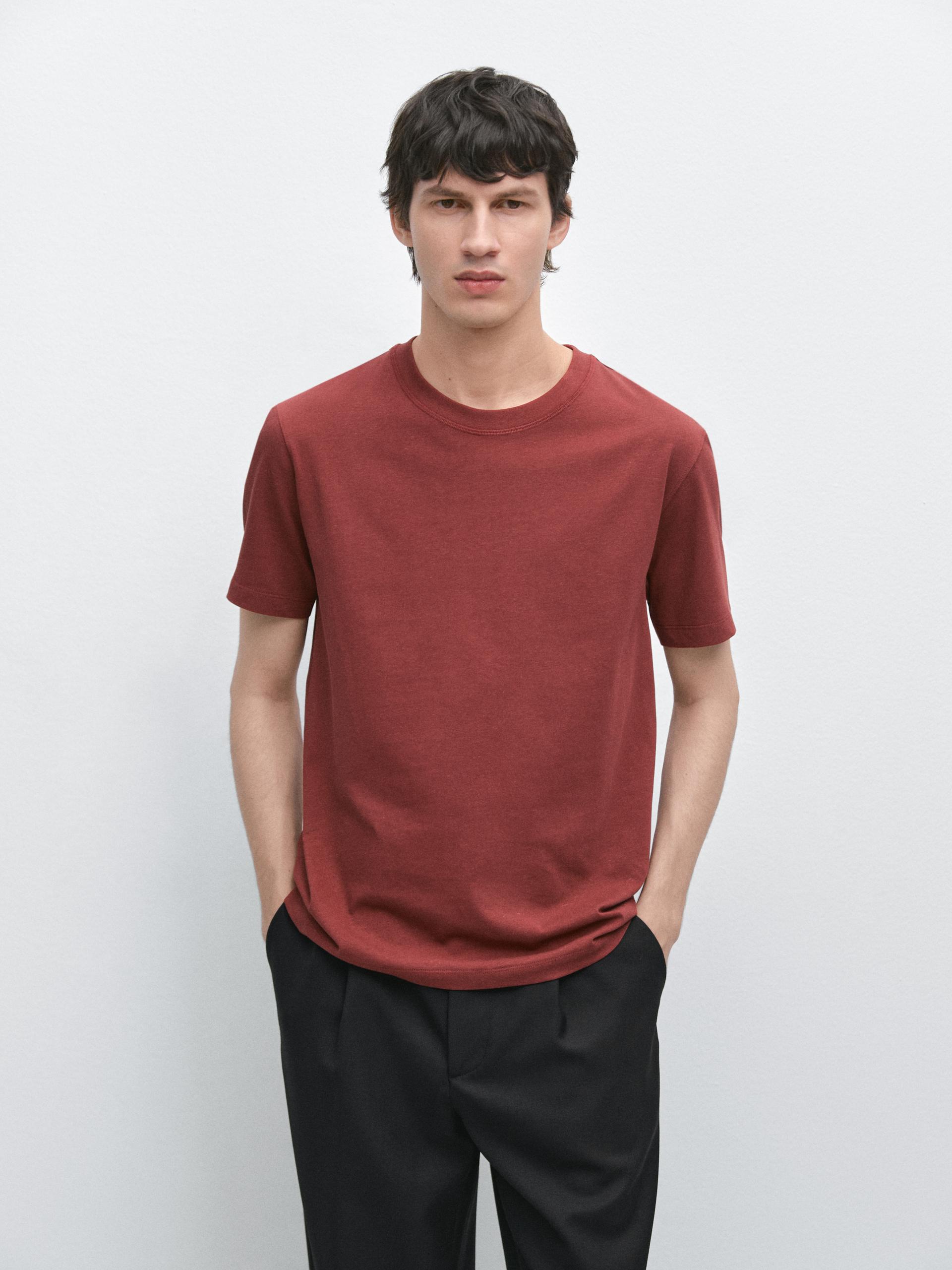 Camiseta Manga Corta Mezcla Algodón - Granate - L - Massimo Dutti - Hombre