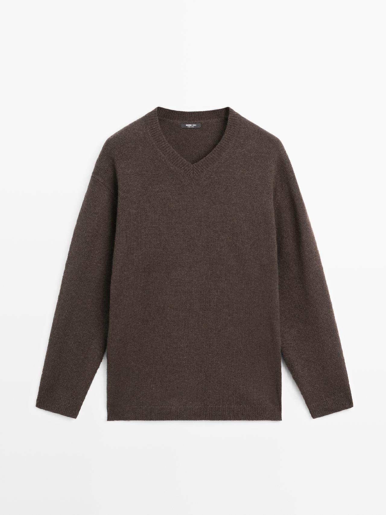 Massimo Dutti - Dame - Oversize Sweater I Strik Med V-Udskæring - Brun - M